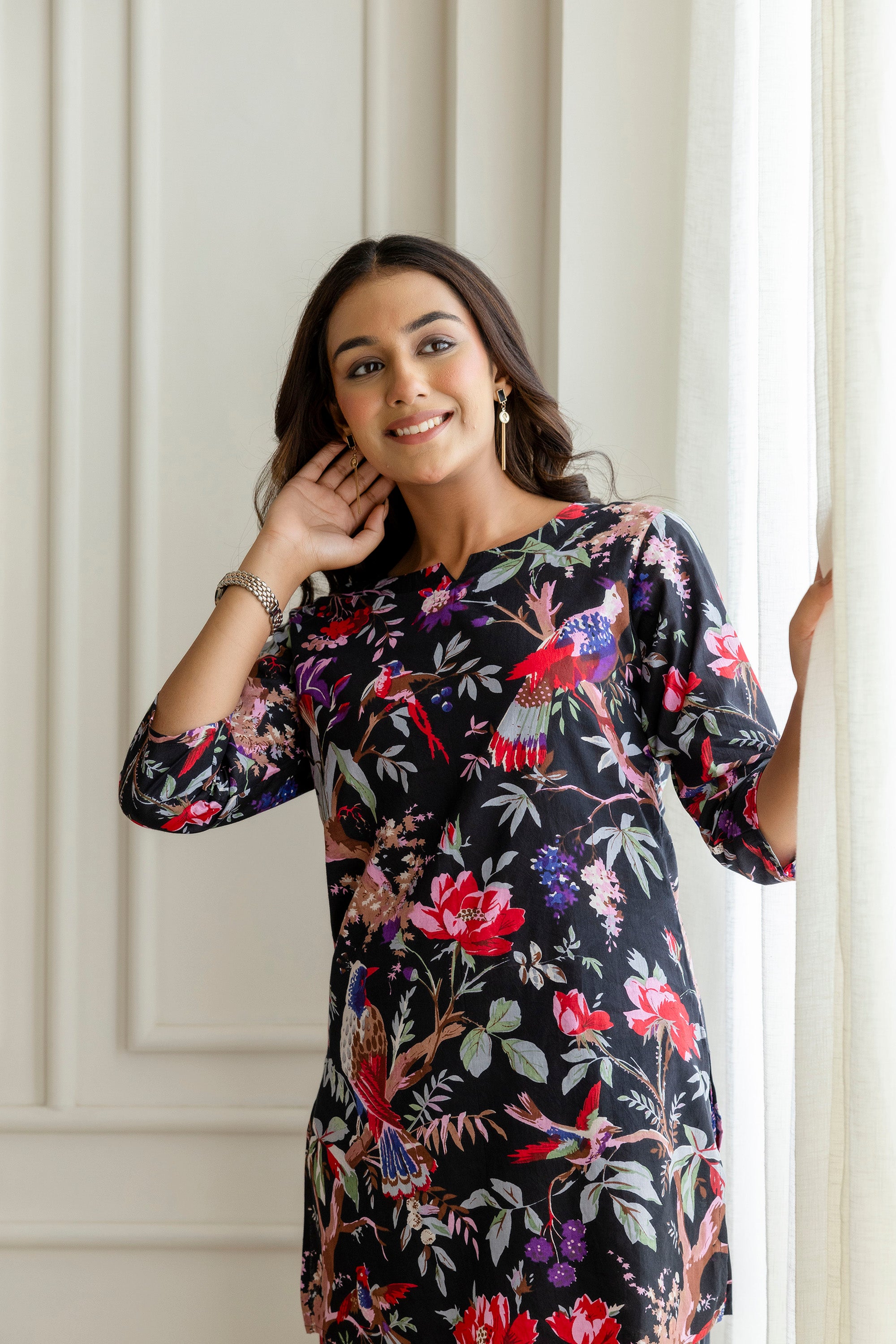 Elegant Black Cotton Botanical Co-ord Set