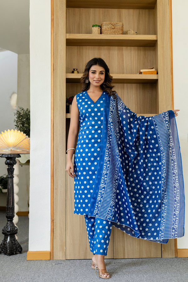 Blue Dotty Cotton Dupatta Set