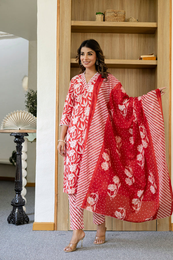 Ruby Red Cotton Dupatta Set