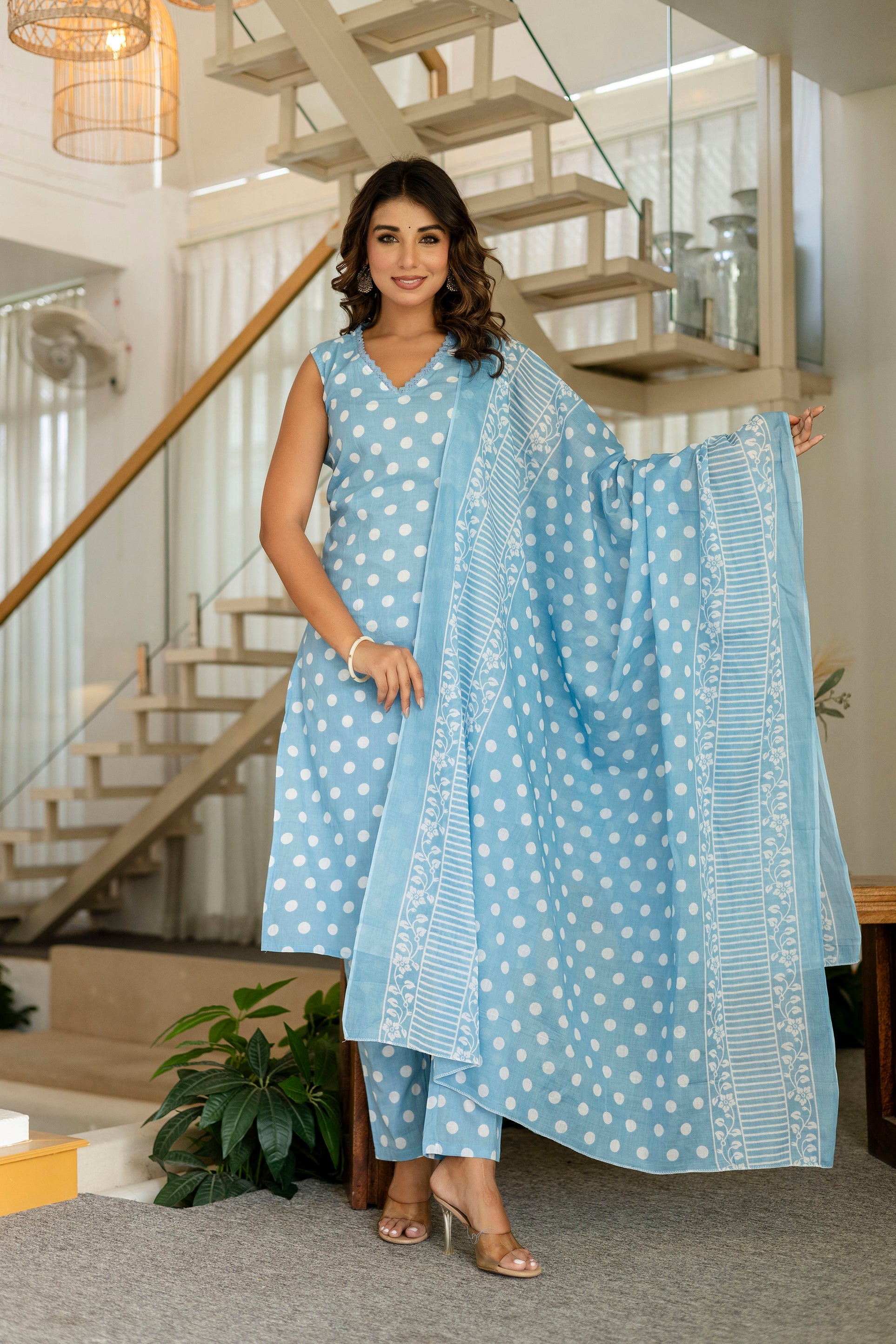 Sky Blue Dotty Cotton Dupatta Set - Me&My
