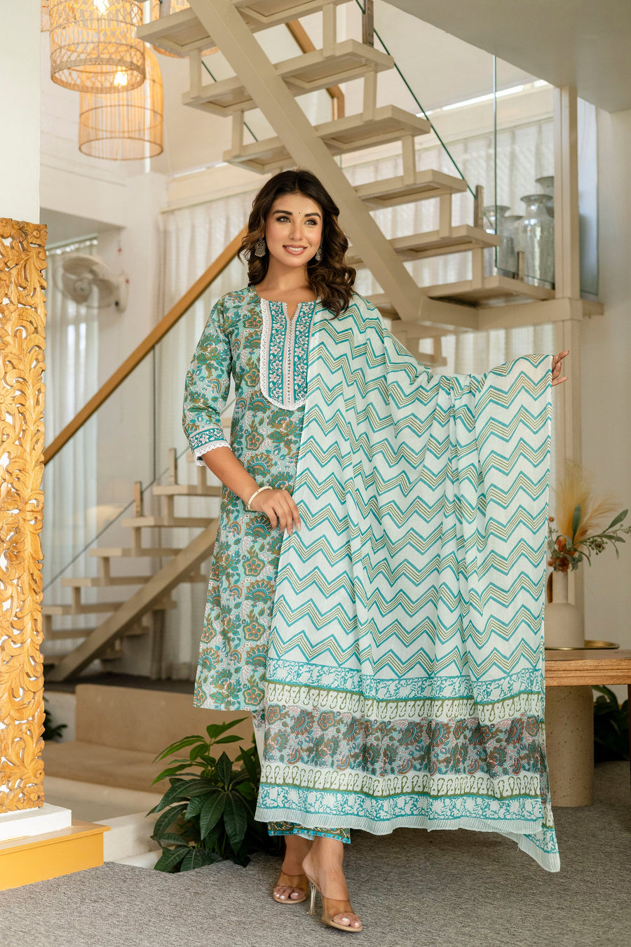 Emerald Green Cotton Dupatta Set — image 4