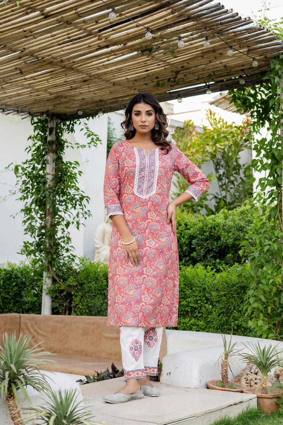 Coral Peach Cotton Dupatta Set — image 7