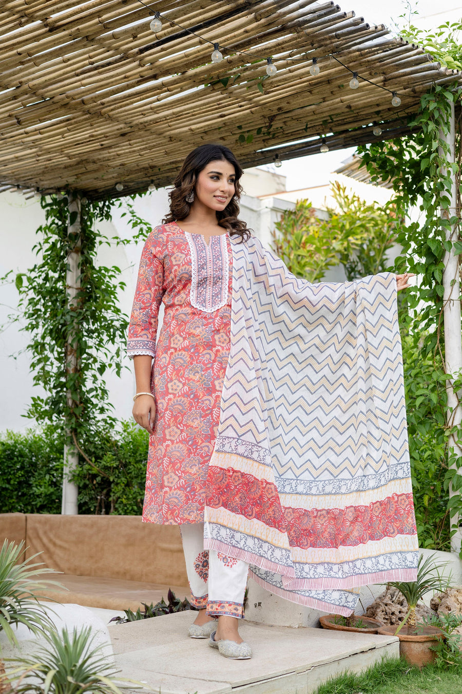 Coral Peach Cotton Dupatta Set — image 4
