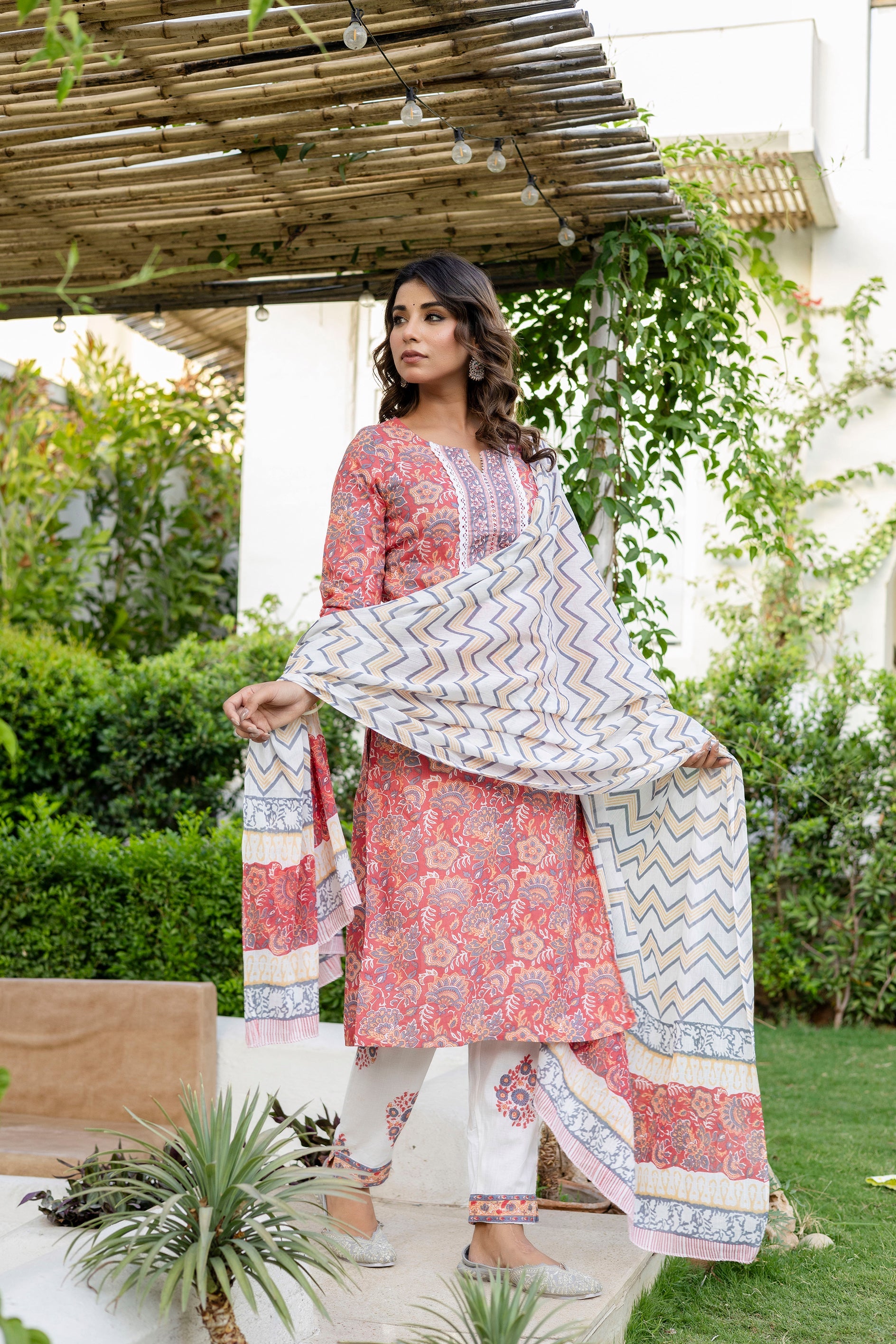 Coral Peach Cotton Dupatta Set from Me&My