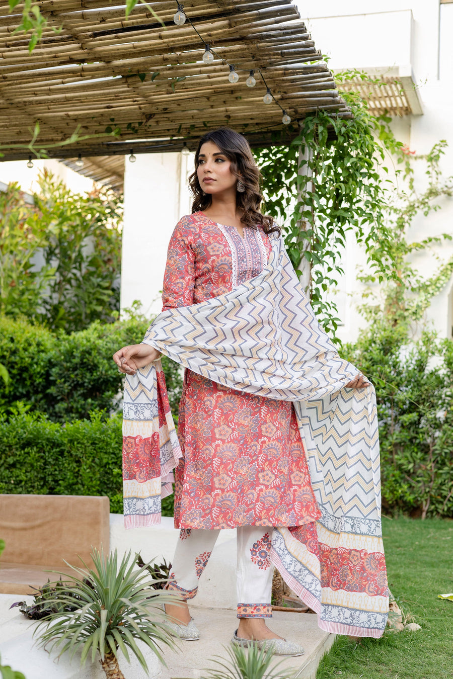 Coral Peach Cotton Dupatta Set — image 9