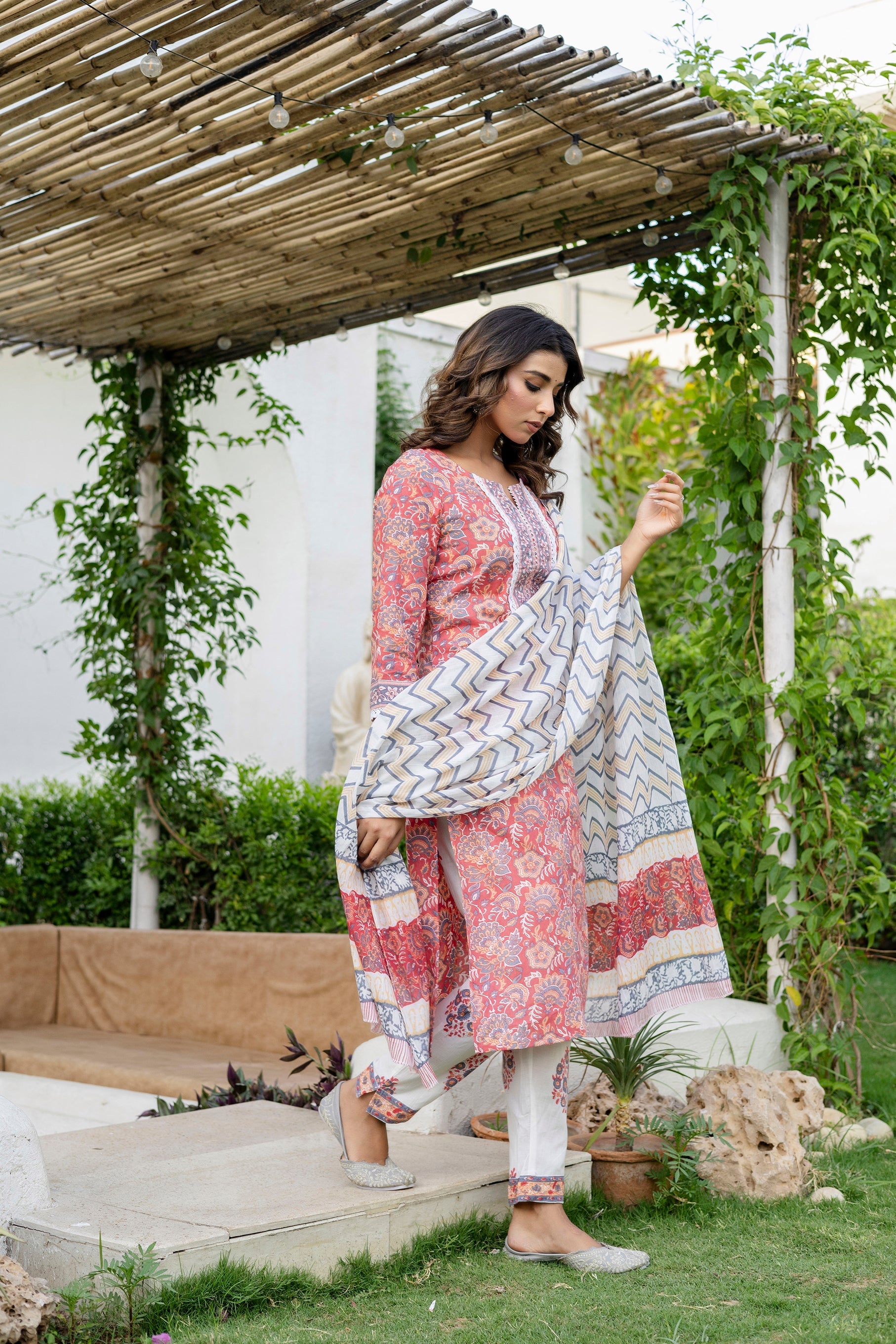 Coral Peach Cotton Dupatta Set from Me&My