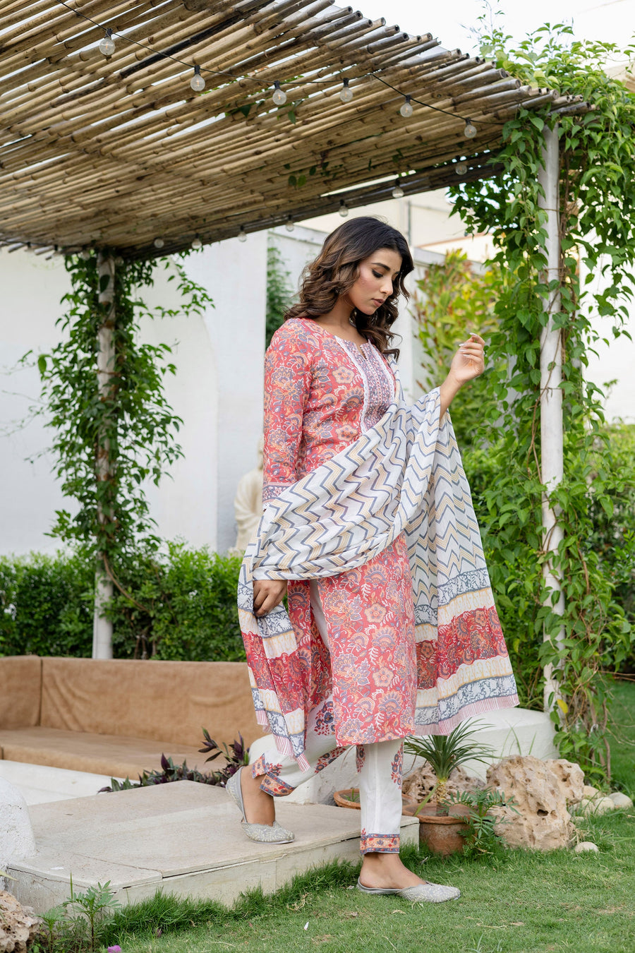 Coral Peach Cotton Dupatta Set — image 5