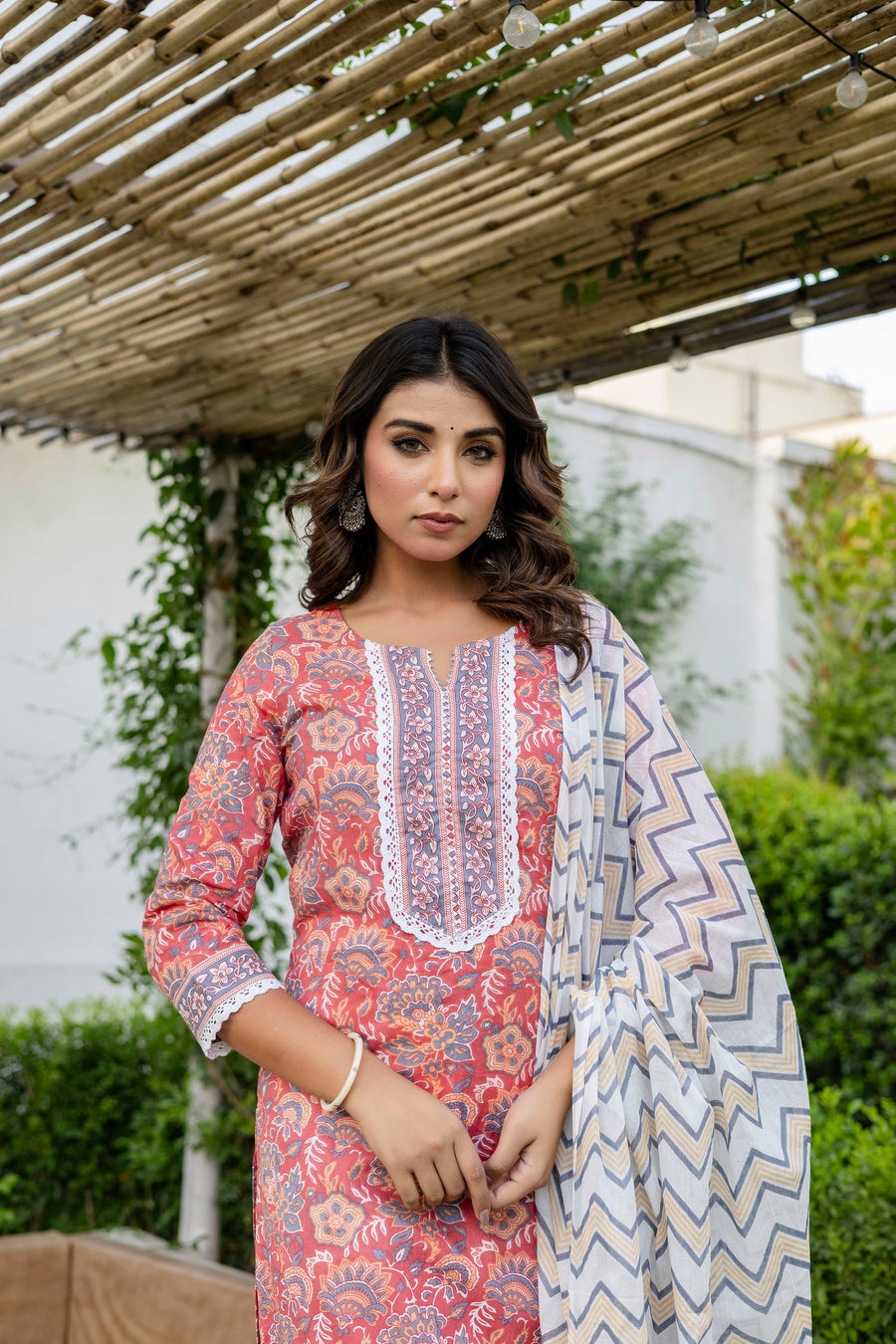 Coral Peach Cotton Dupatta Set — image 8