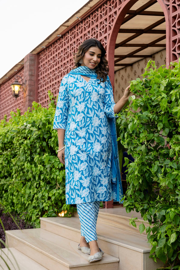 Blue Cotton Dupatta Set