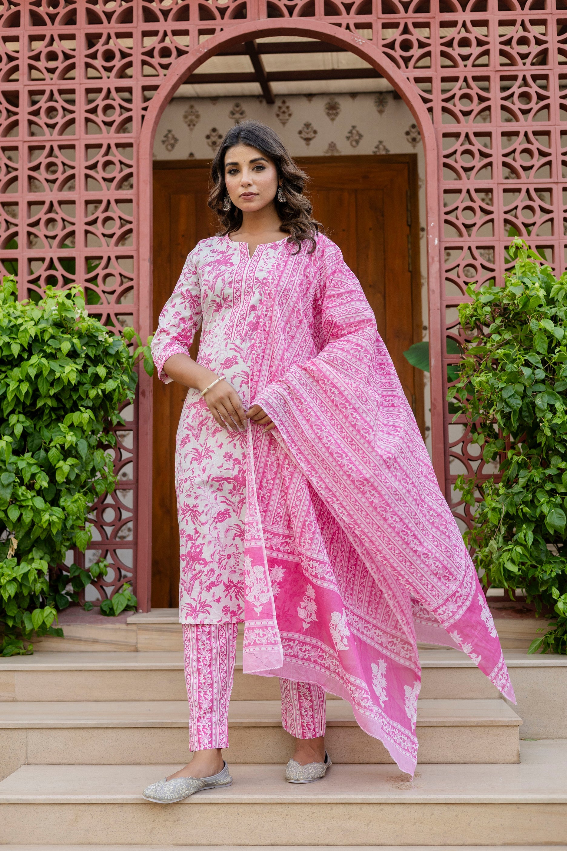 Rosewood Pink Cotton Dupatta Set from Me&My