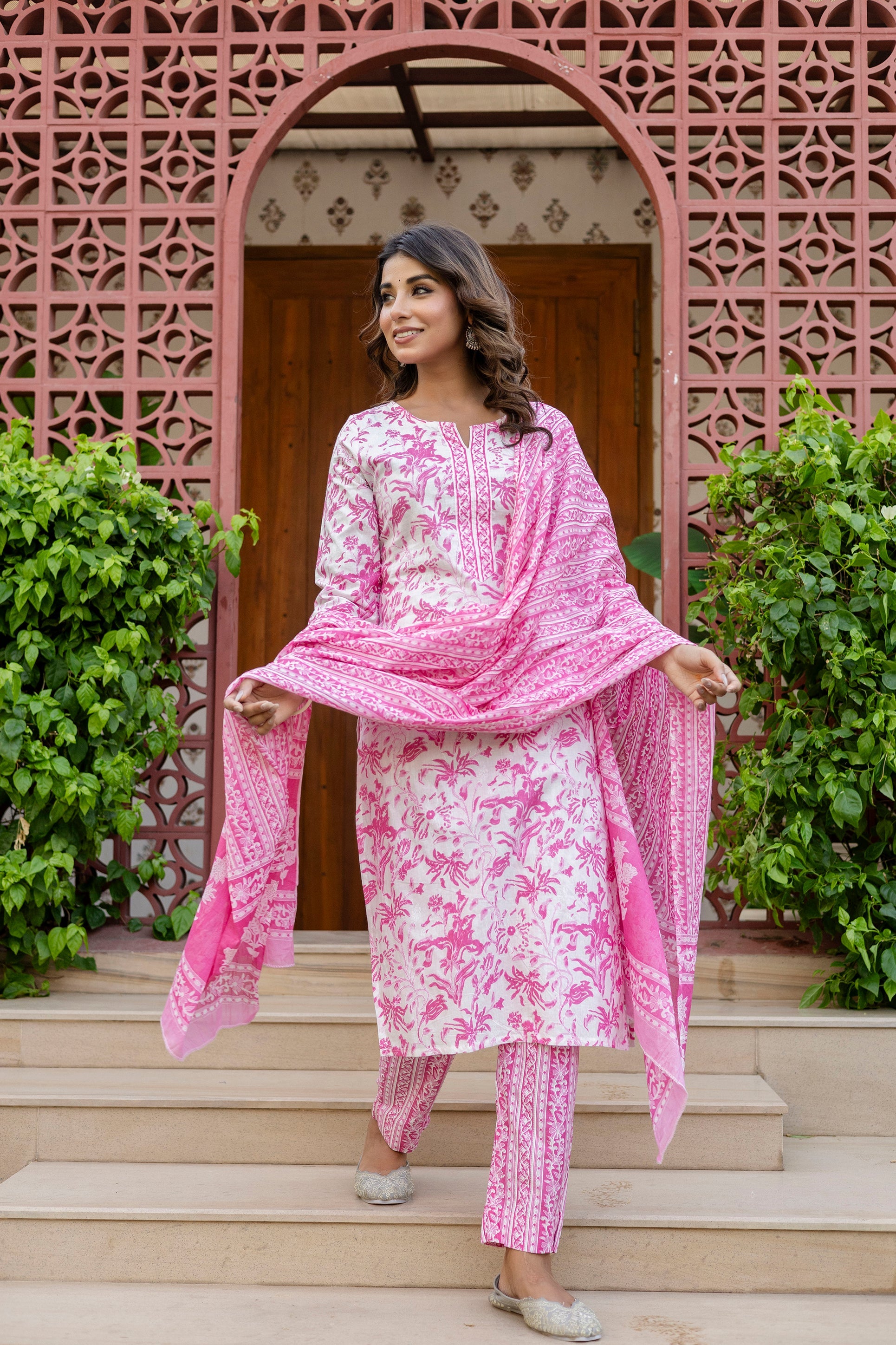 Rosewood Pink Cotton Dupatta Set from Me&My