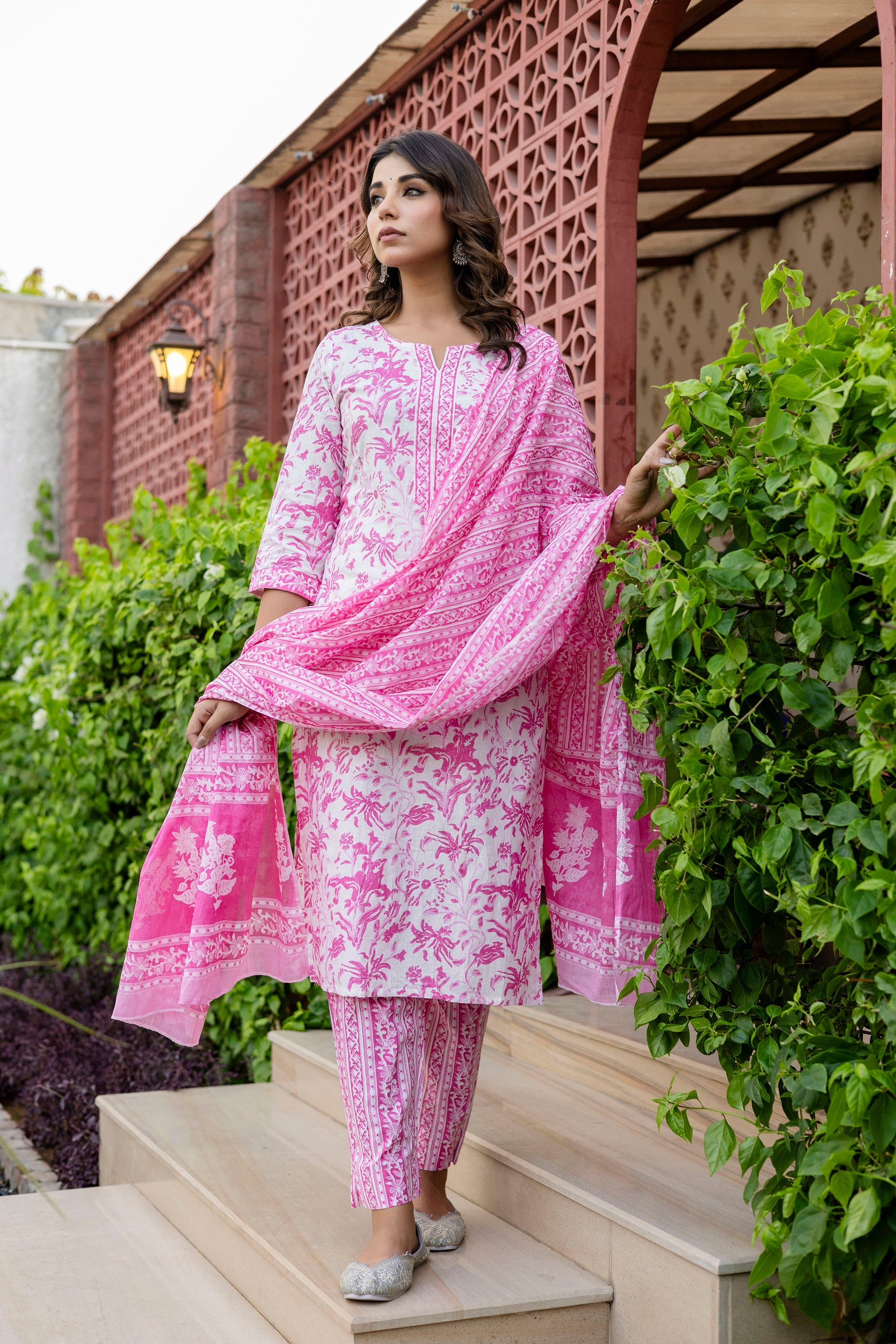 Rosewood Pink Cotton Dupatta Set from Me&My