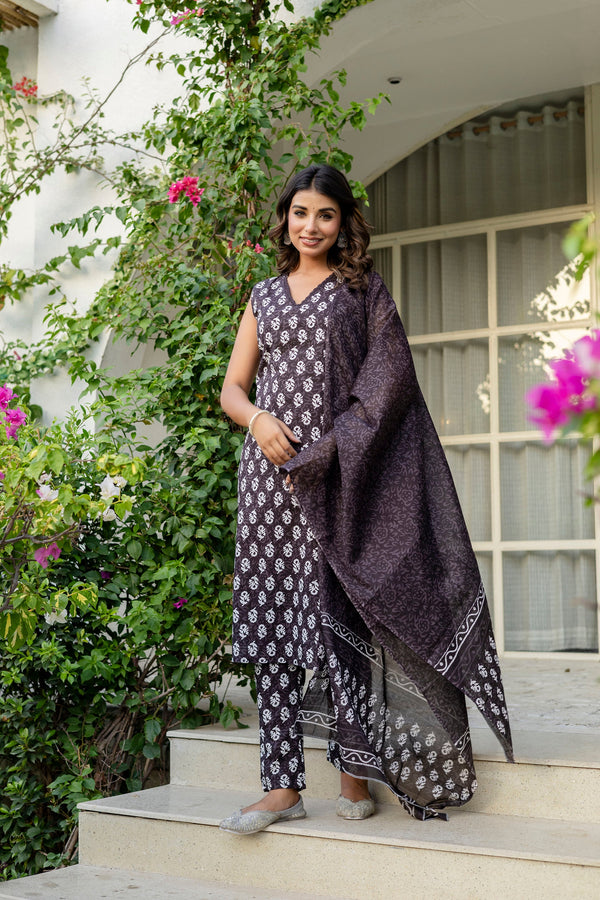 Midnight Black Cotton Dupatta Set