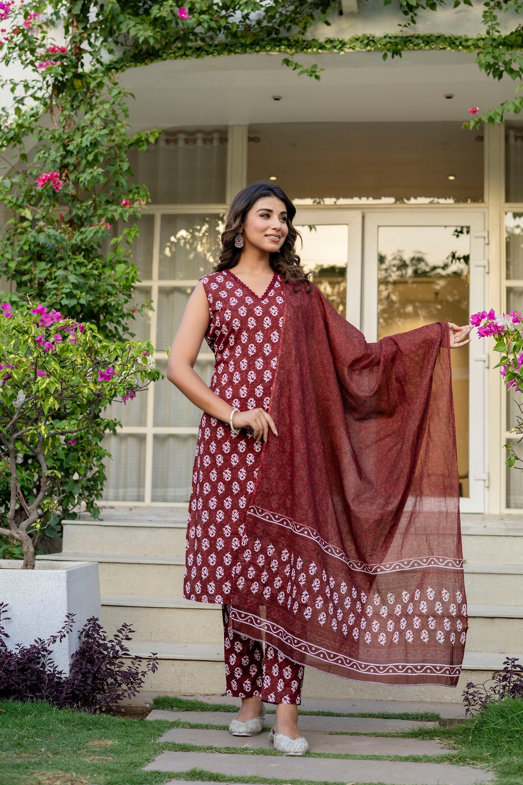 Maroon Cotton Dupatta Set from Me&My