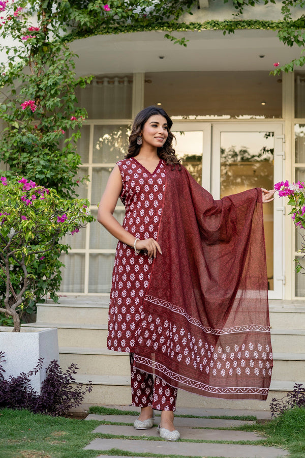 Maroon Cotton Dupatta Set