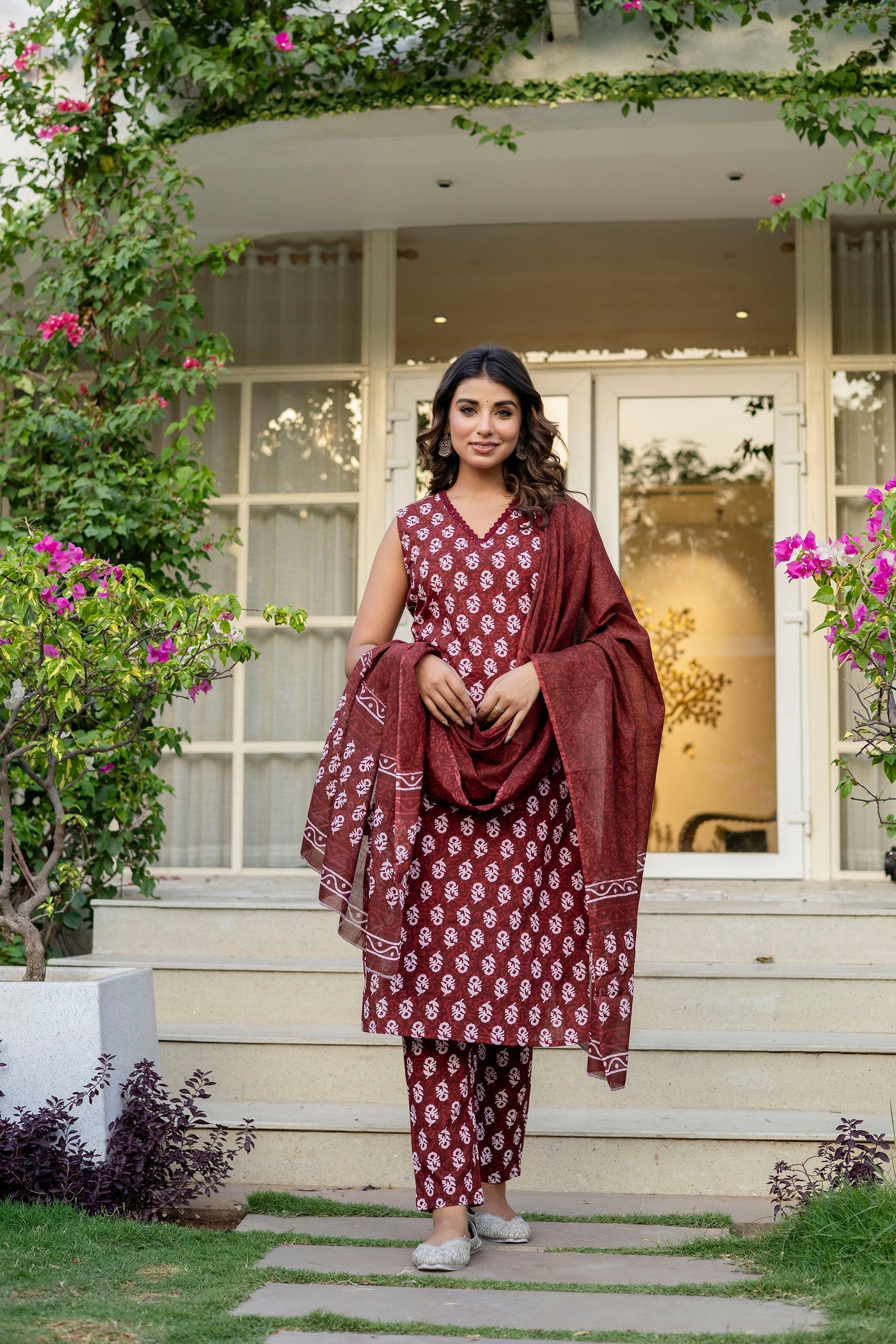 Maroon Cotton Dupatta Set from Me&My