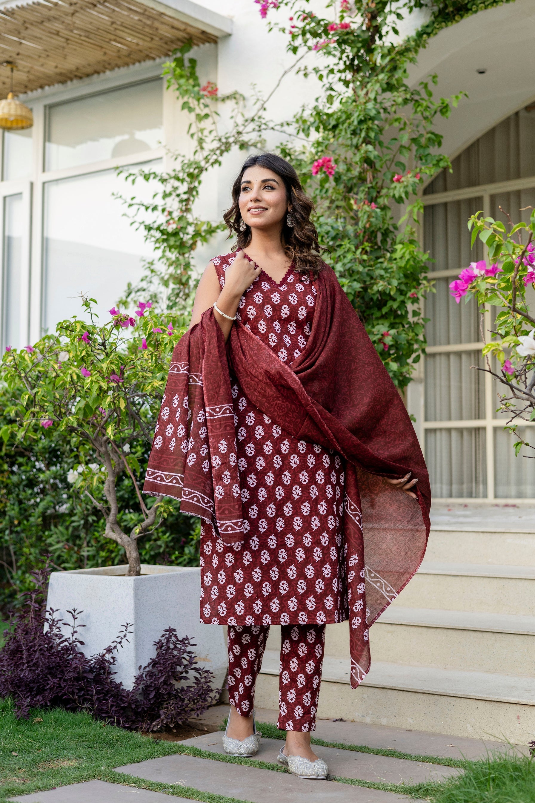 Maroon Cotton Dupatta Set from Me&My