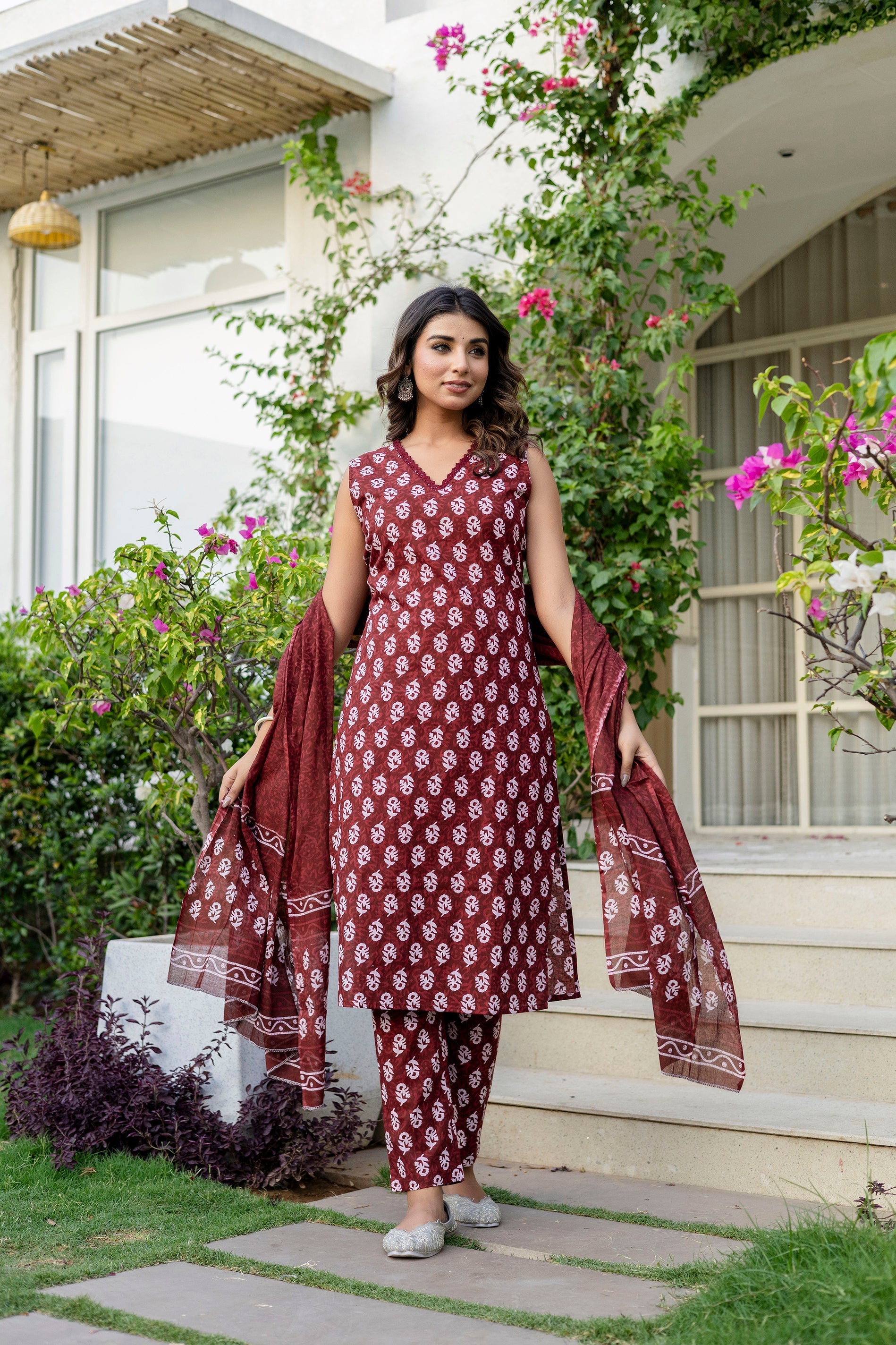 Maroon Cotton Dupatta Set from Me&My