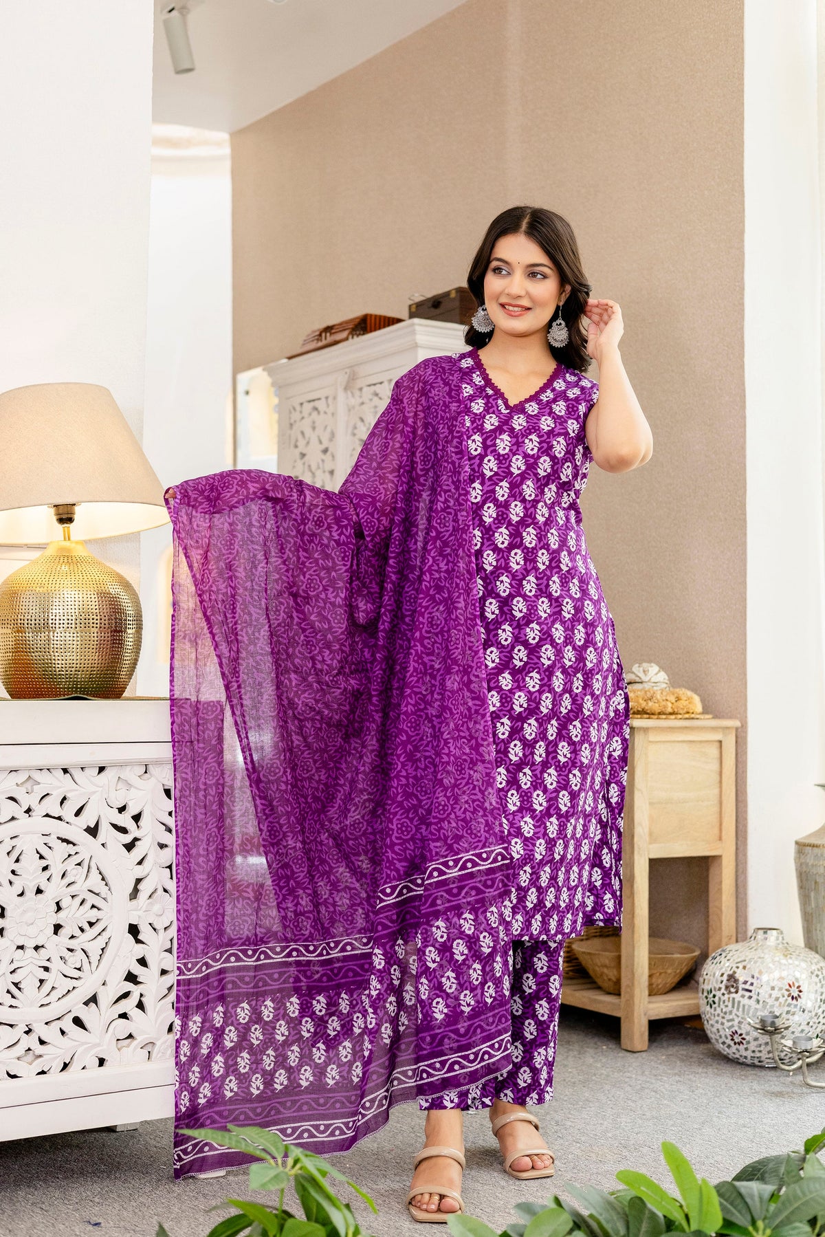Mauve Floral Cotton Dupatta Set from Me&My