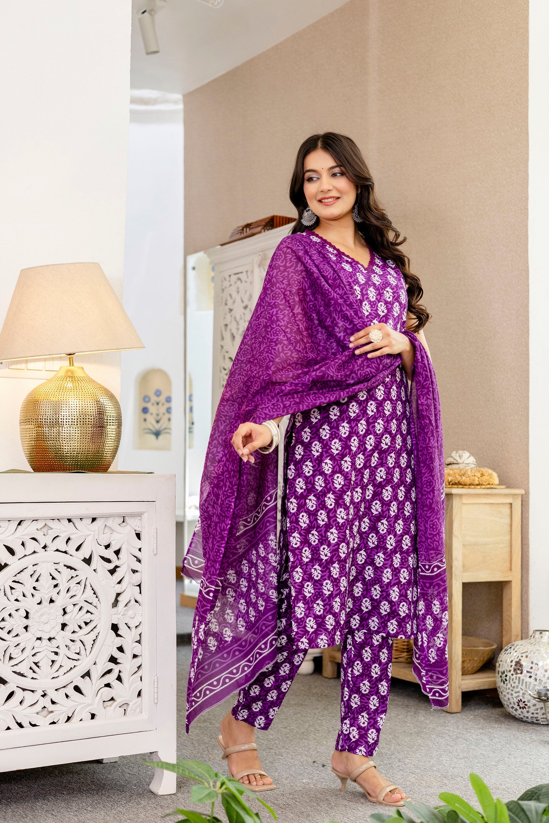 Mauve Floral Cotton Dupatta Set from Me&My