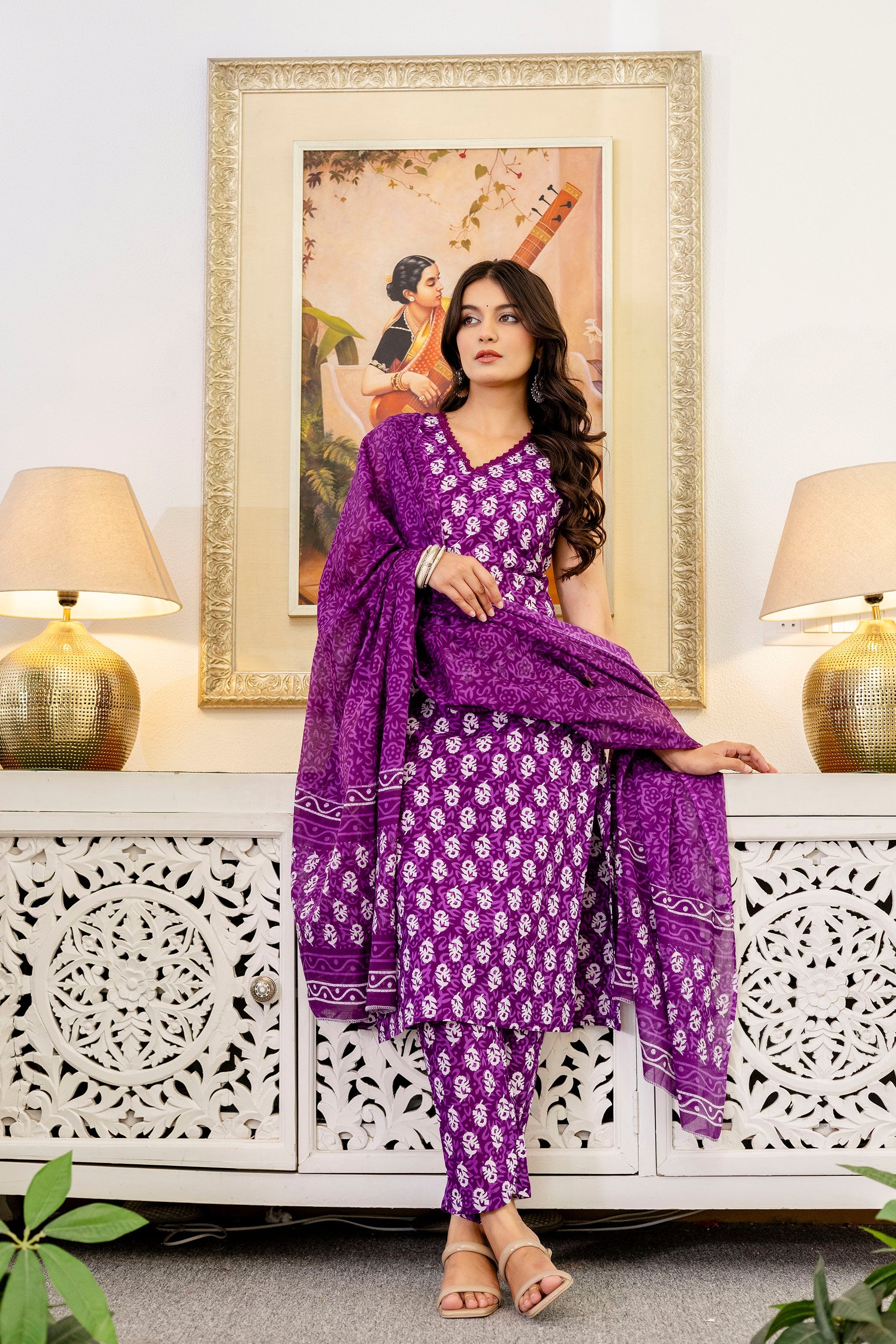Mauve Floral Cotton Dupatta Set from Me&My