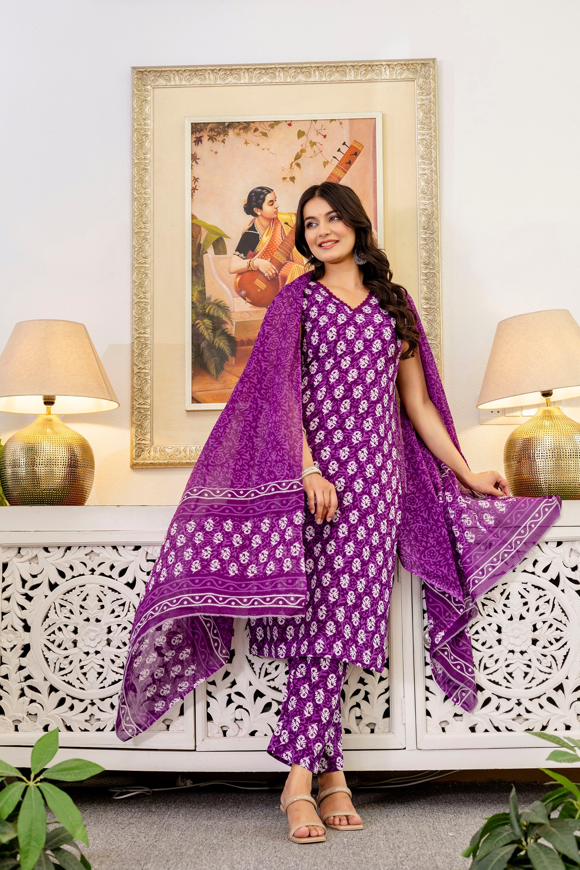 Mauve Floral Cotton Dupatta Set from Me&My