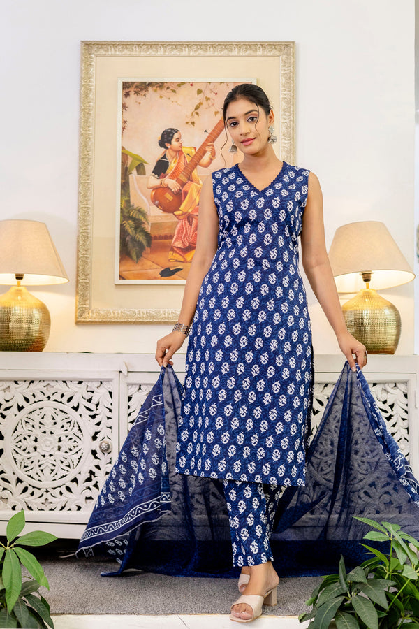Indigo Floral Cotton Dupatta Set