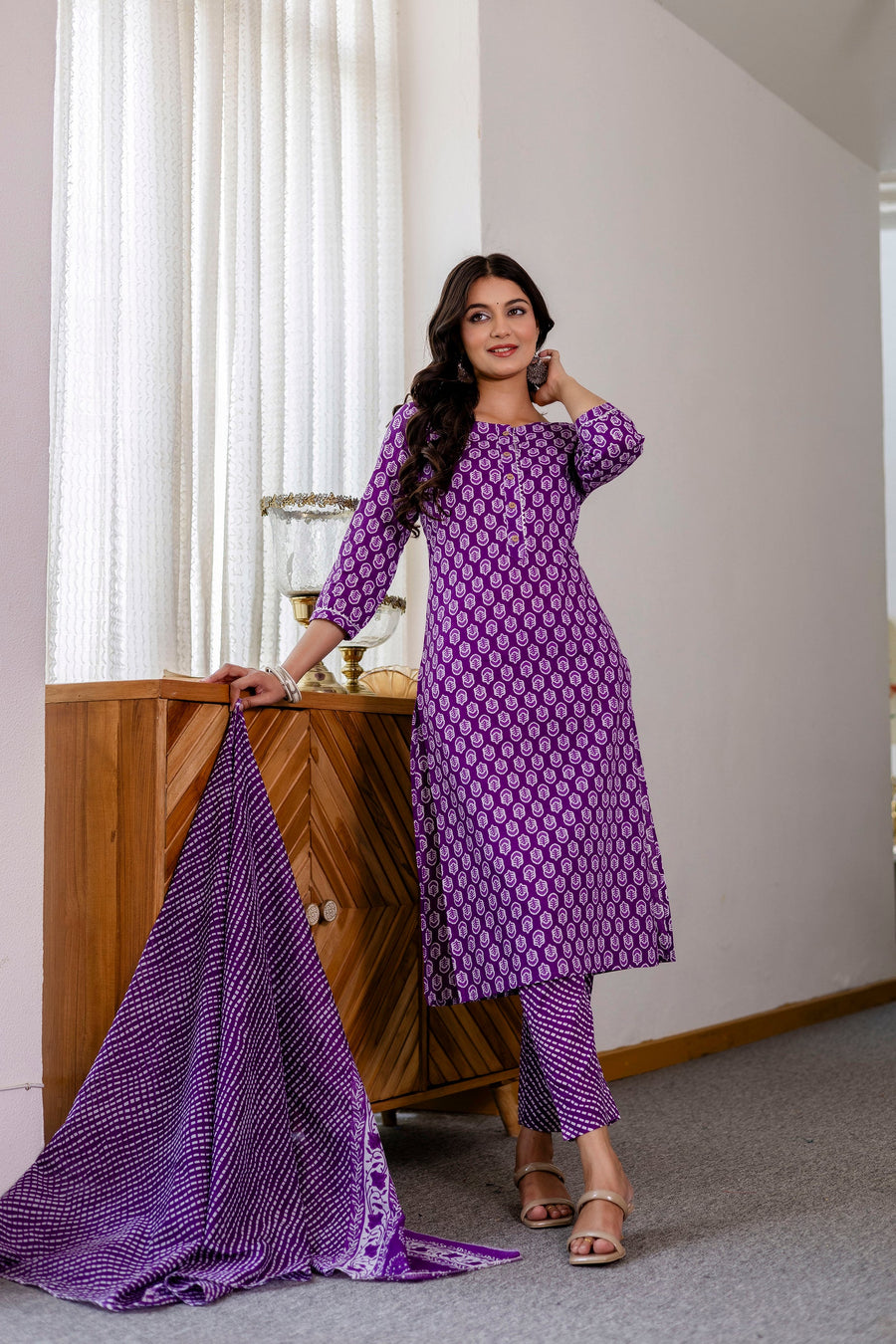 Lavender Purple Cotton Dupatta Set — image 5