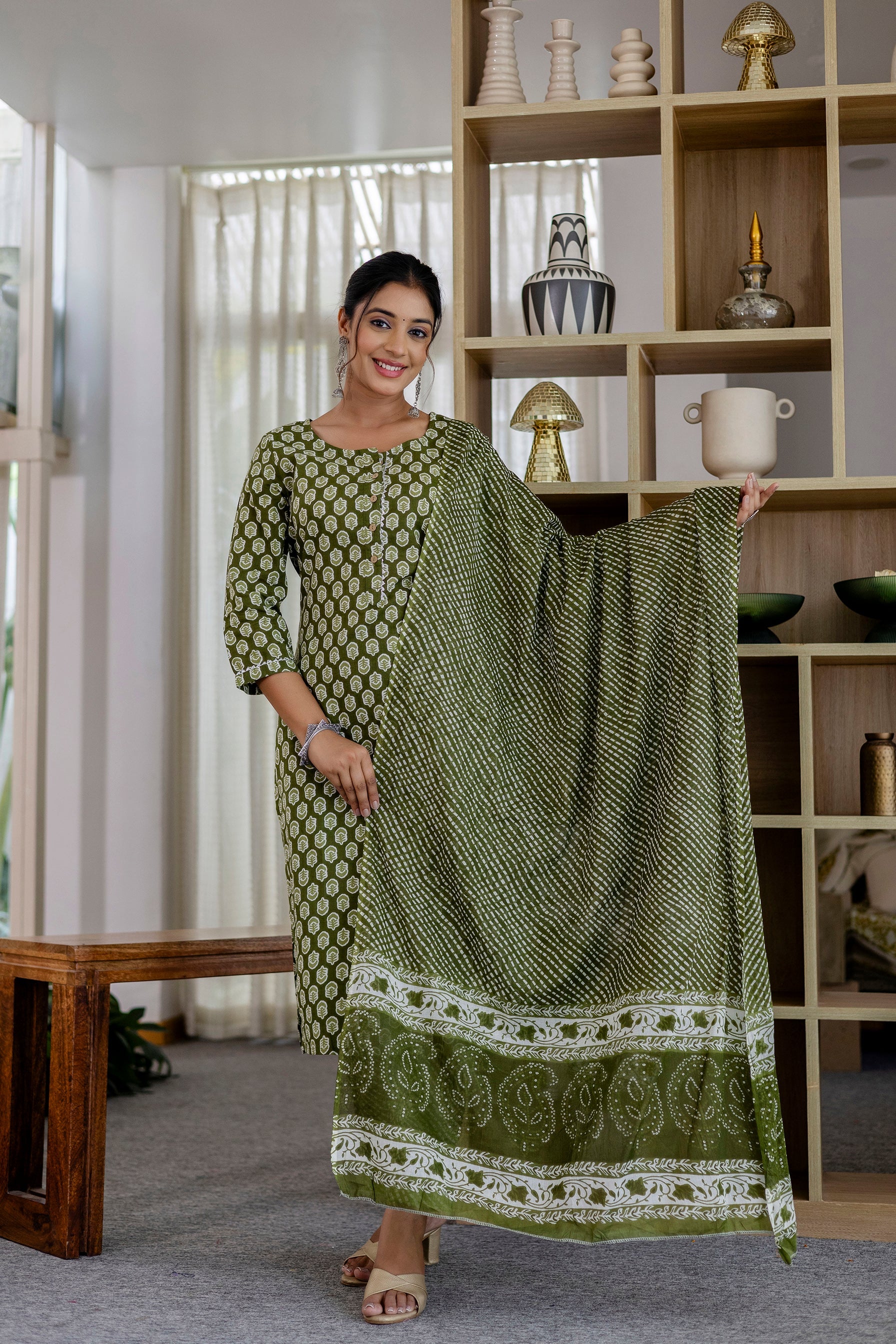 Sage Green Cotton Dupatta Set - Me&My