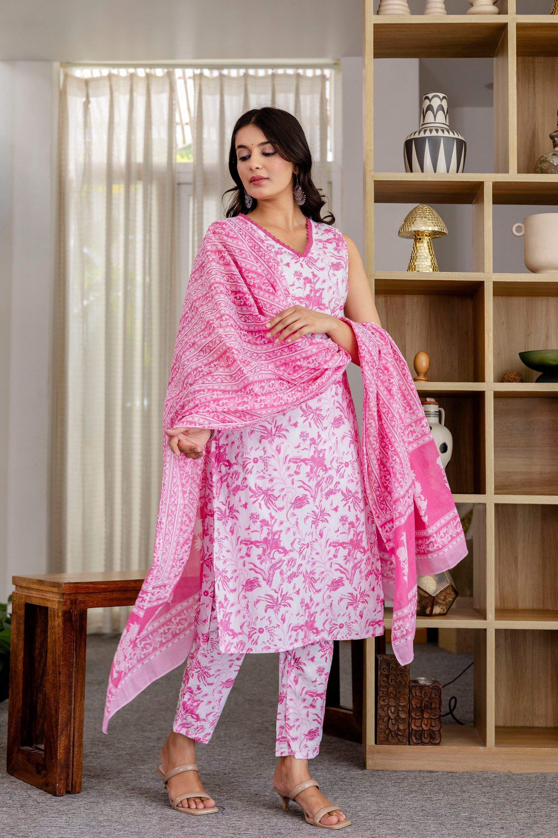 Rose Pink Floral Cotton Dupatta Set - Me&My