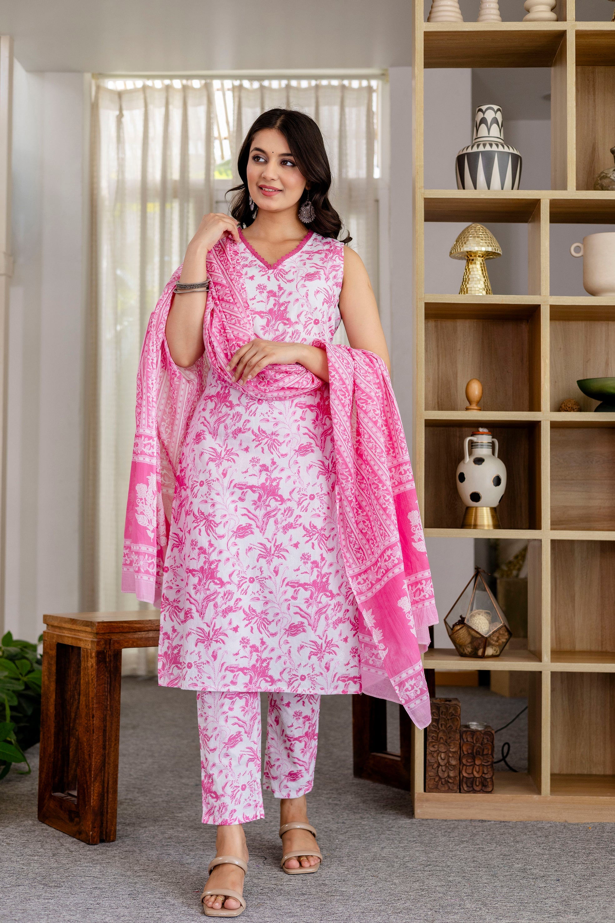 Rose Pink Floral Cotton Dupatta Set - Me&My