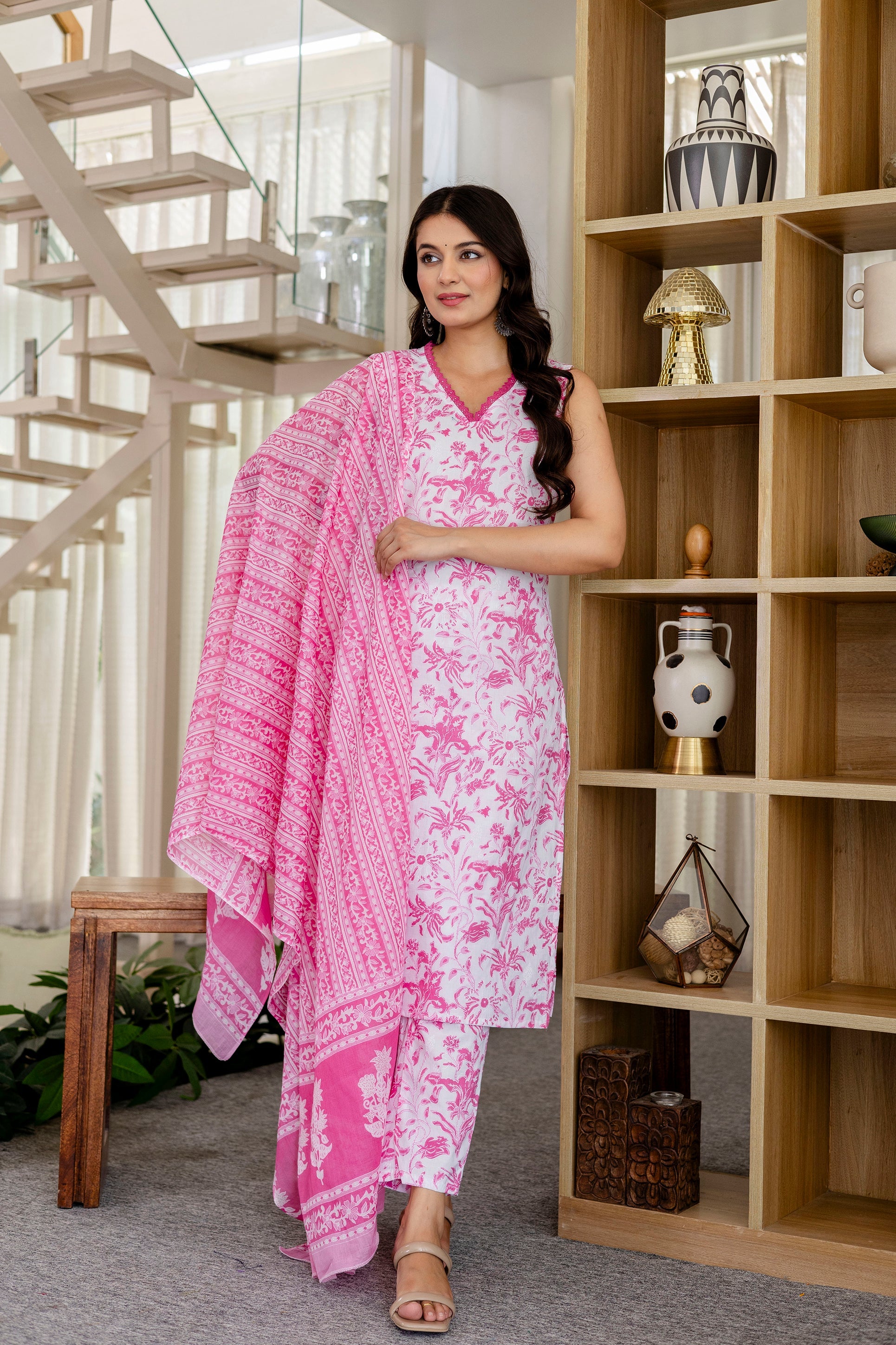 Rose Pink Floral Cotton Dupatta Set - Me&My