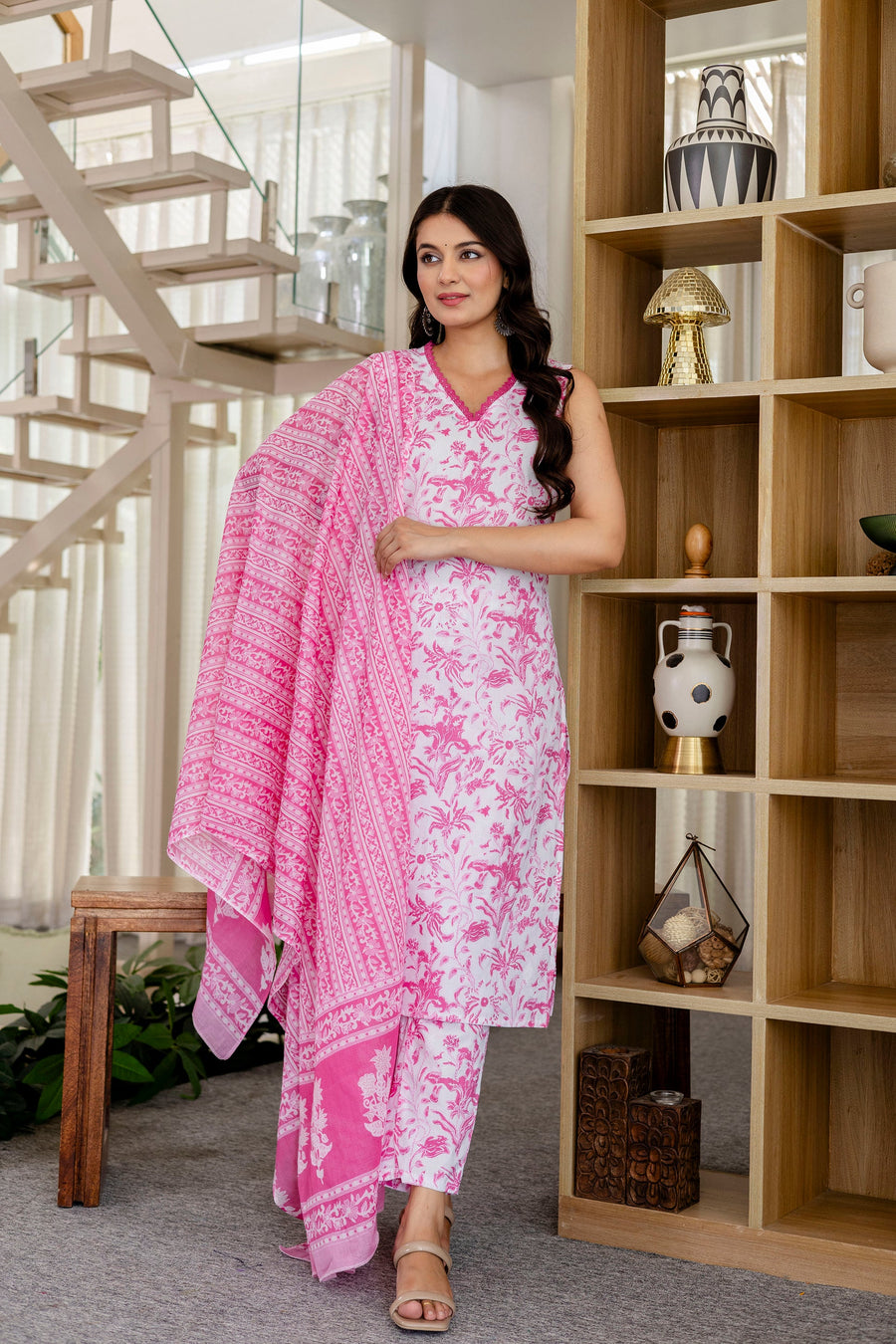Rose Pink Floral Cotton Dupatta Set — image 9