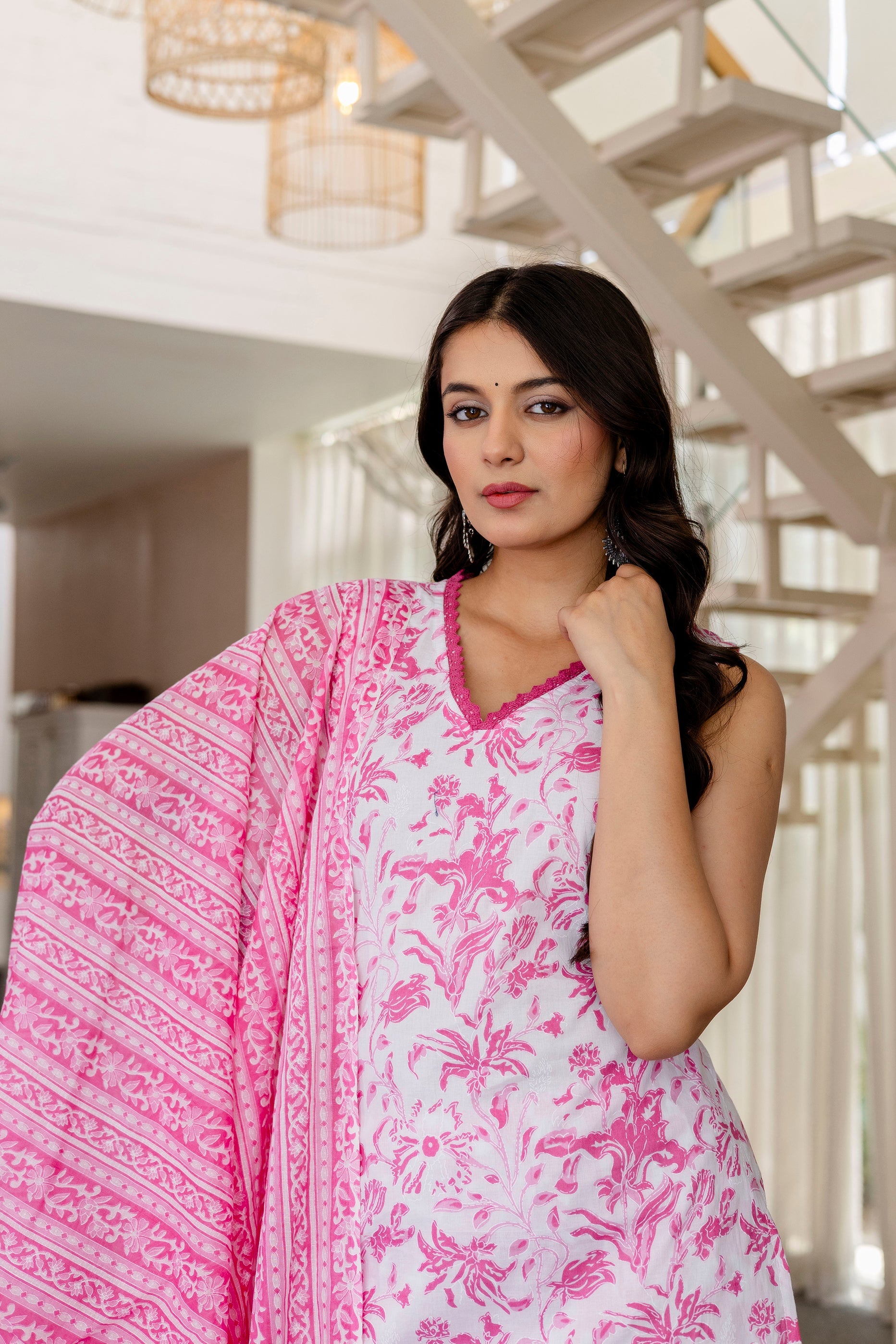 Rose Pink Floral Cotton Dupatta Set - Me&My