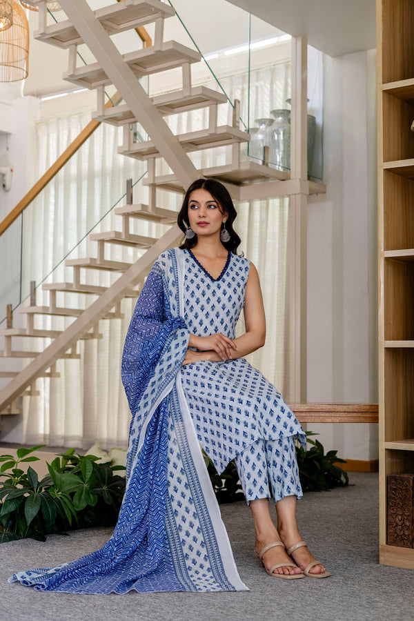 Azure Floral Cotton Dupatta Set