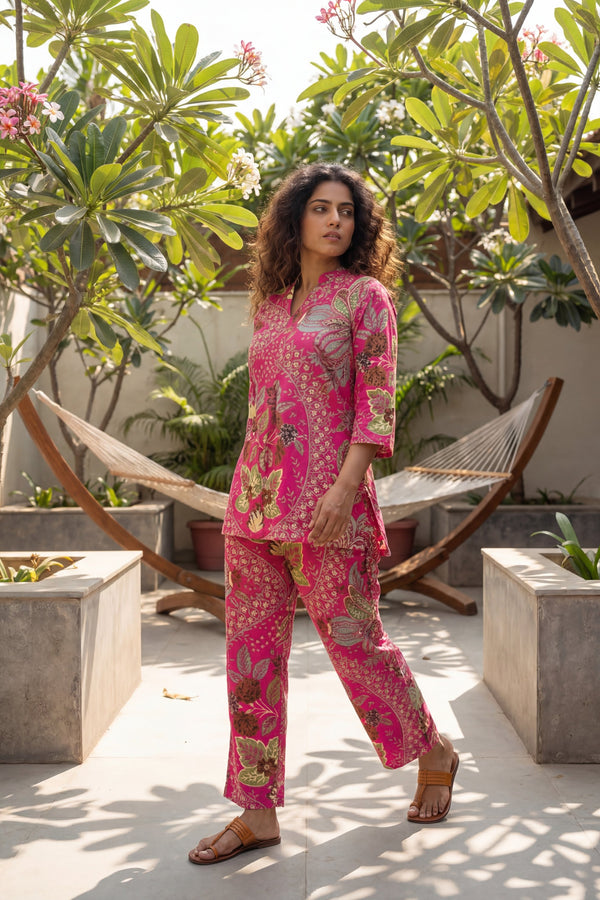 Tropical Bloom Magenta Cotton Co-ord Set