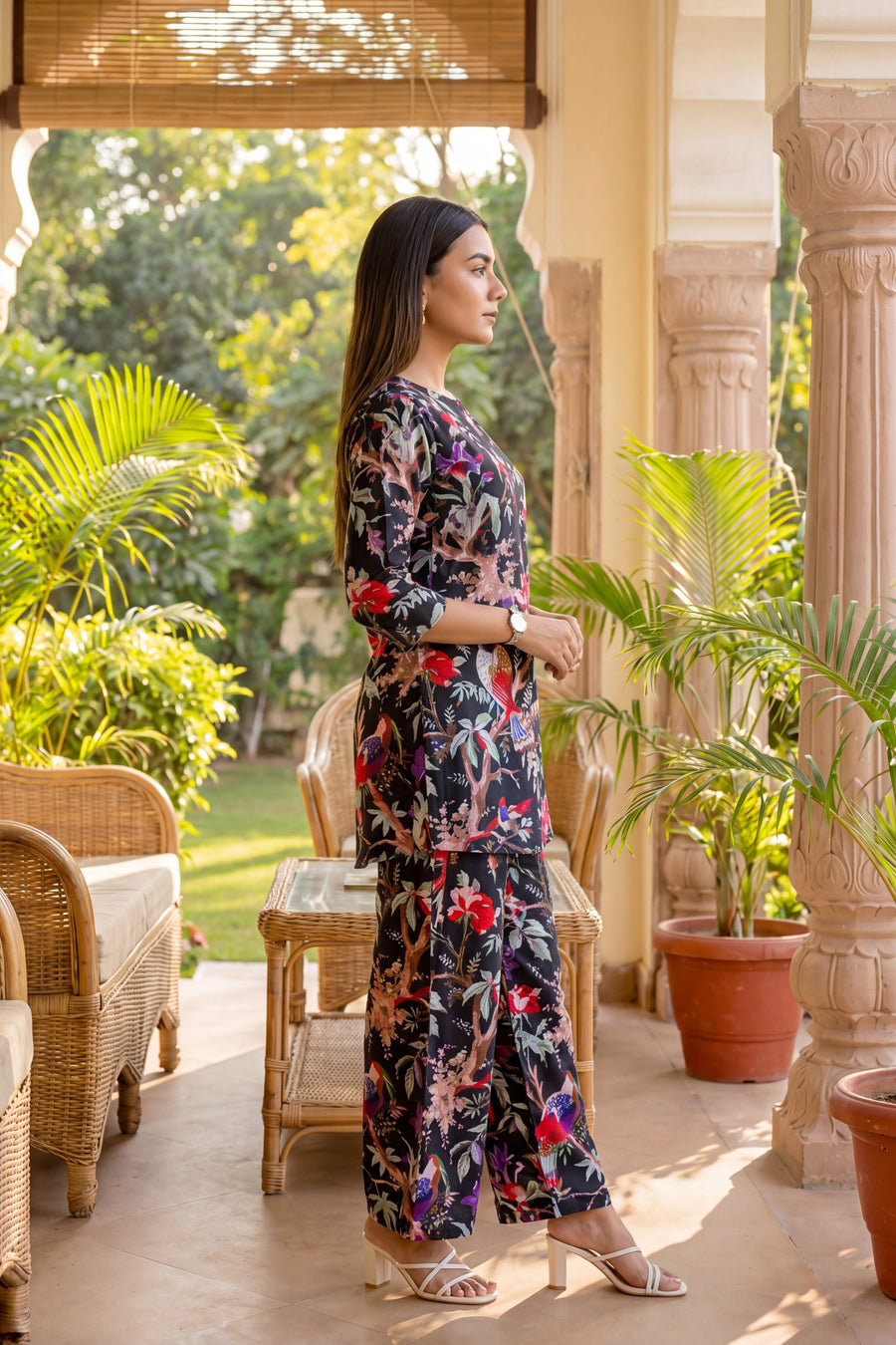 Elegant Black Cotton Botanical Co-ord Set — image 5
