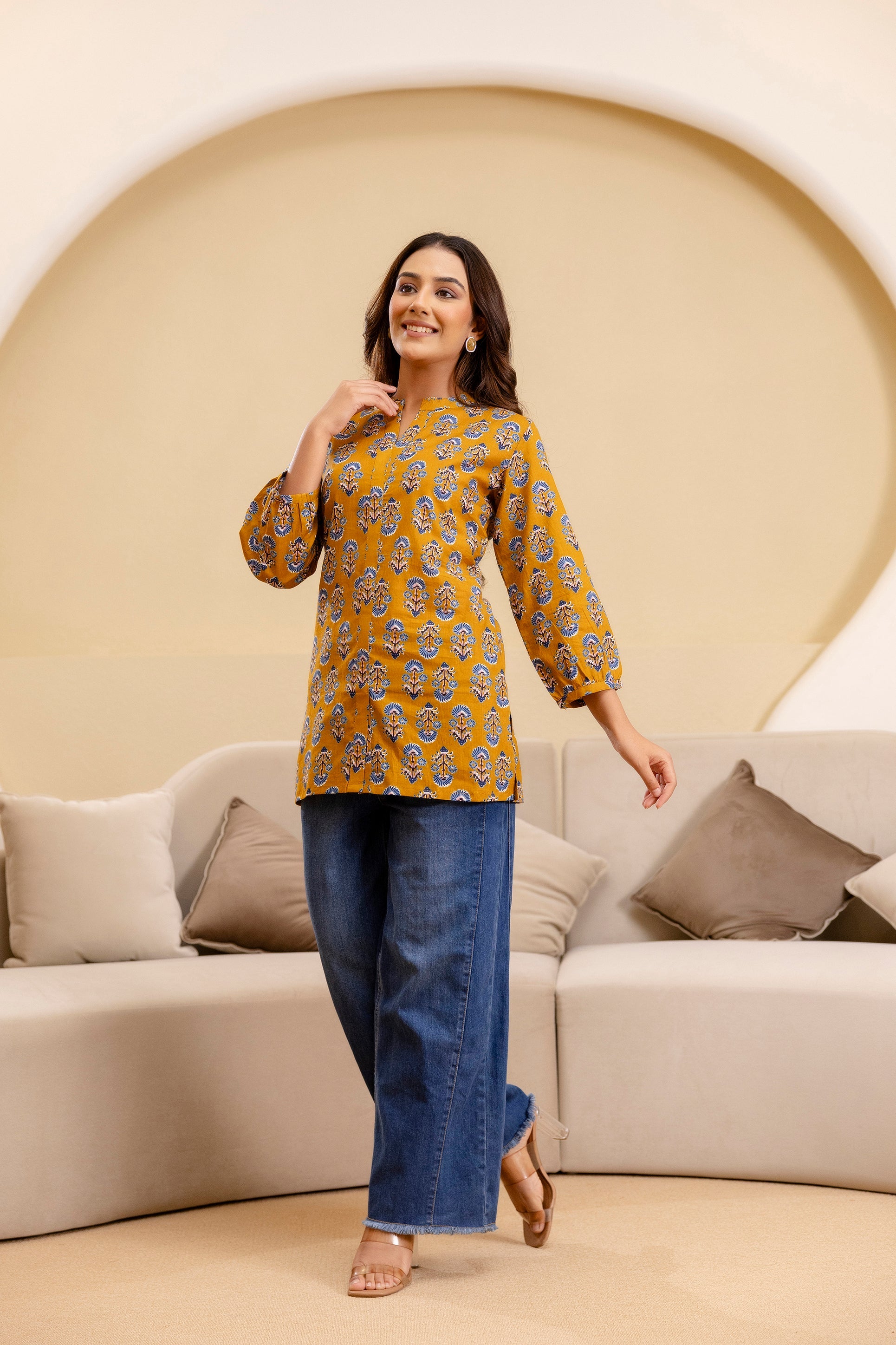 Ochre Radiance Cotton Printed Top Me & My