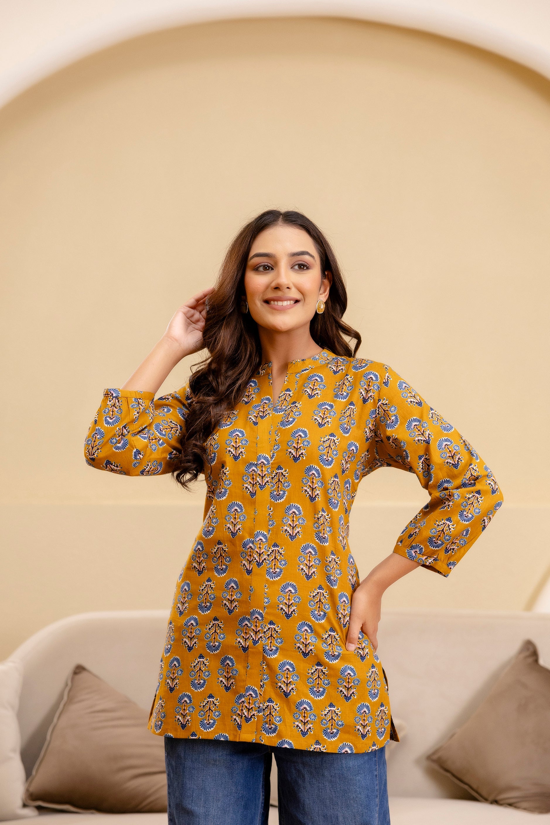 Ochre Radiance Cotton Printed Top Me & My