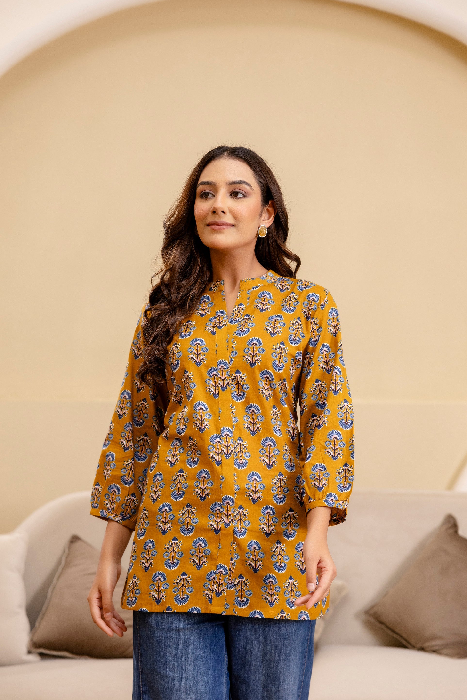 Ochre Radiance Cotton Printed Top Me & My
