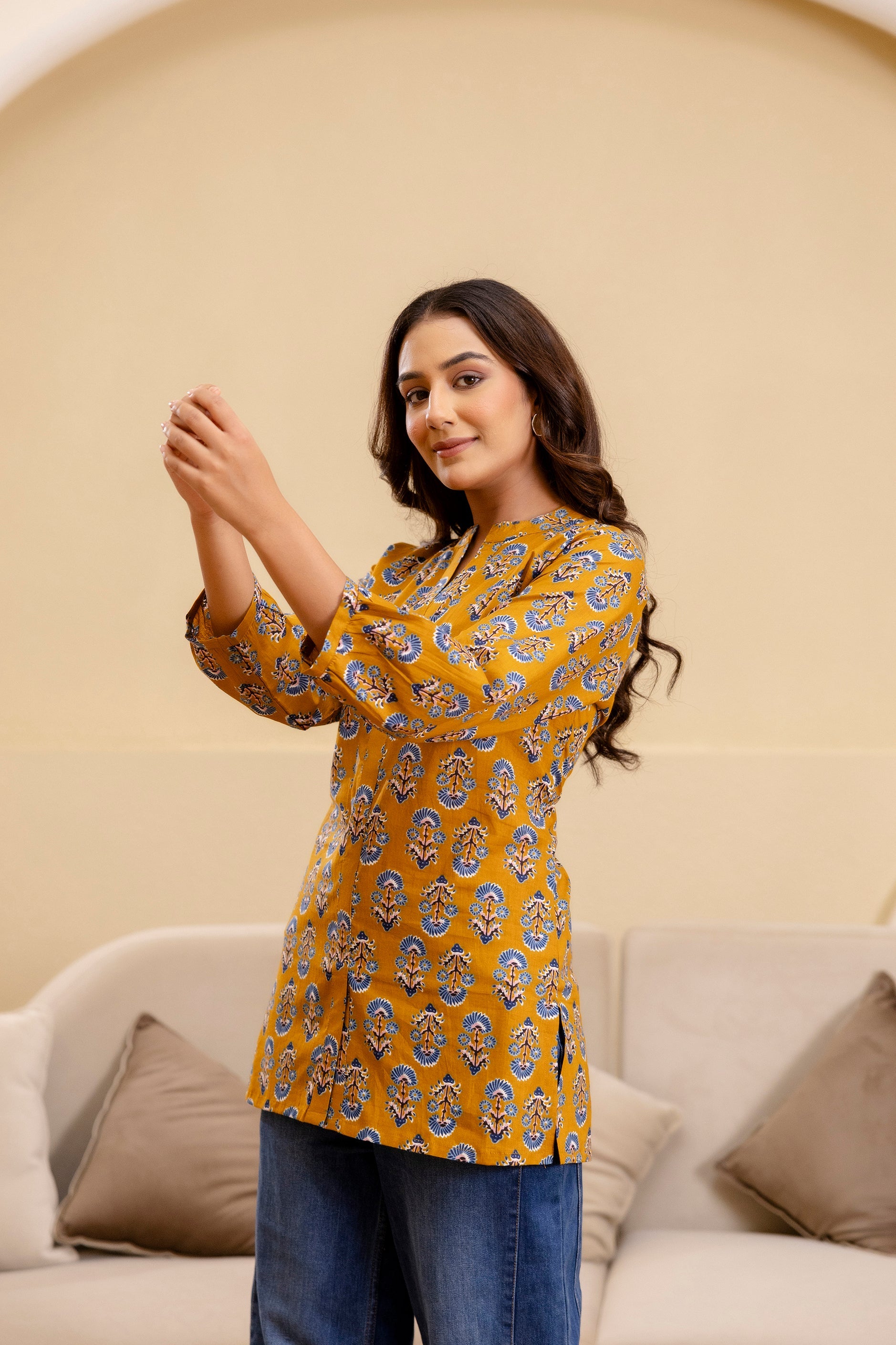 Ochre Radiance Cotton Printed Top Me & My