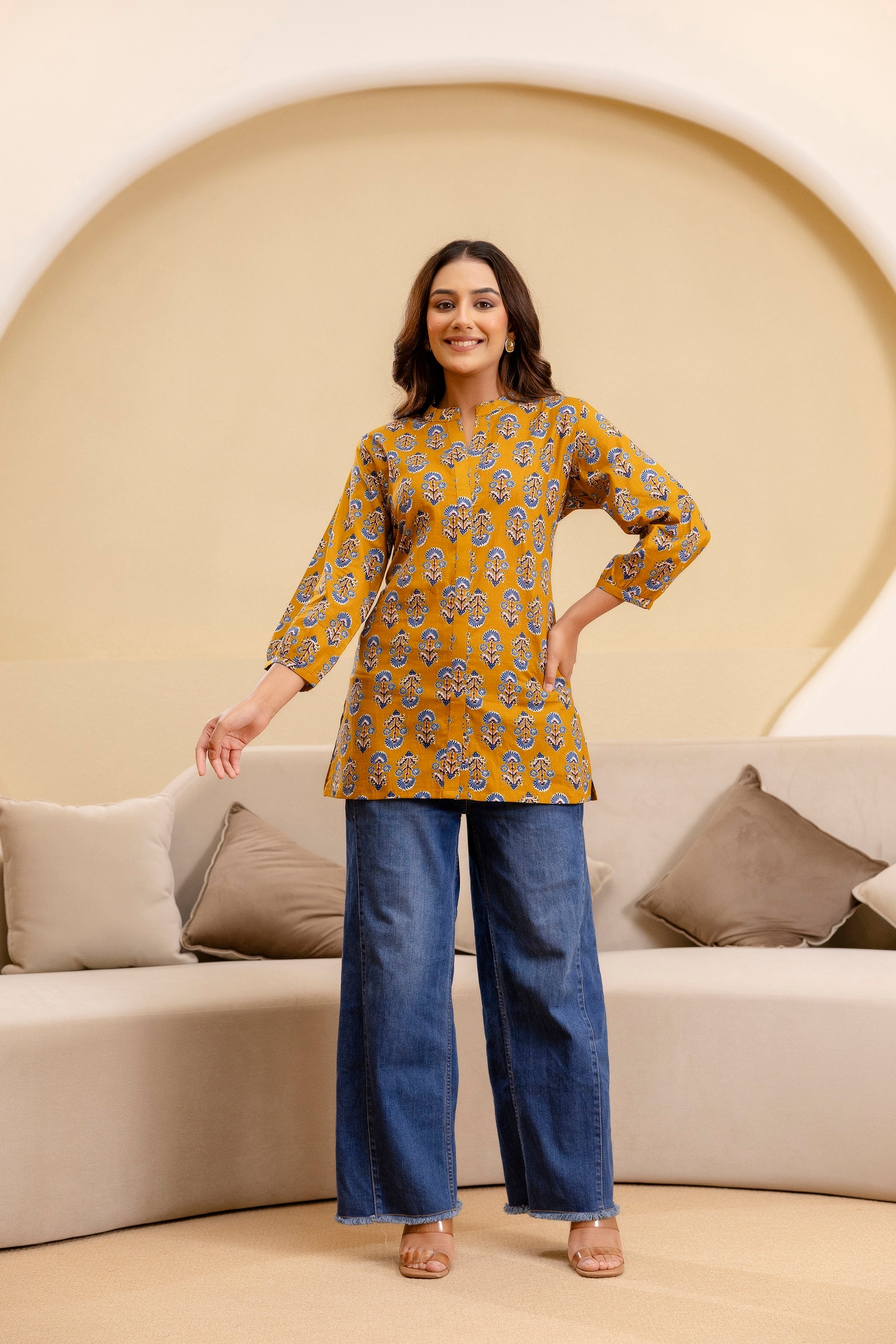 Ochre Radiance Cotton Printed Top Me & My