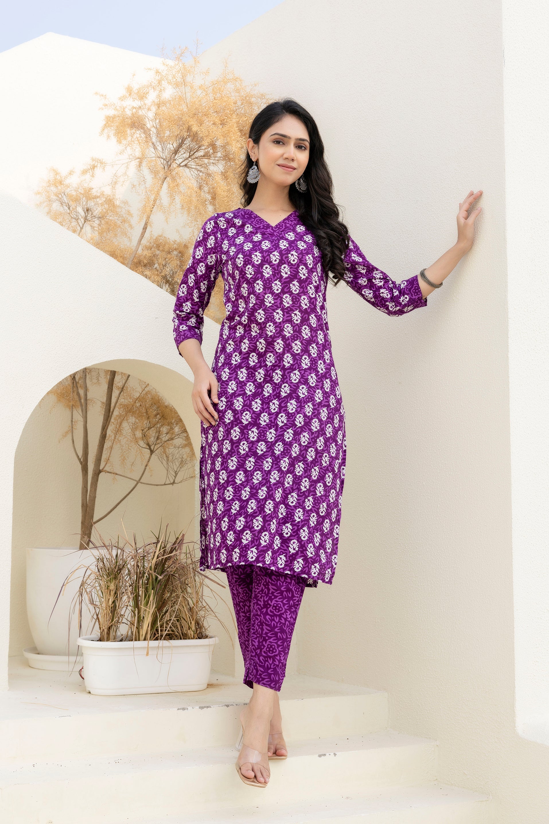 Royal Purple Cotton Printed Kurta Set with Dupatta