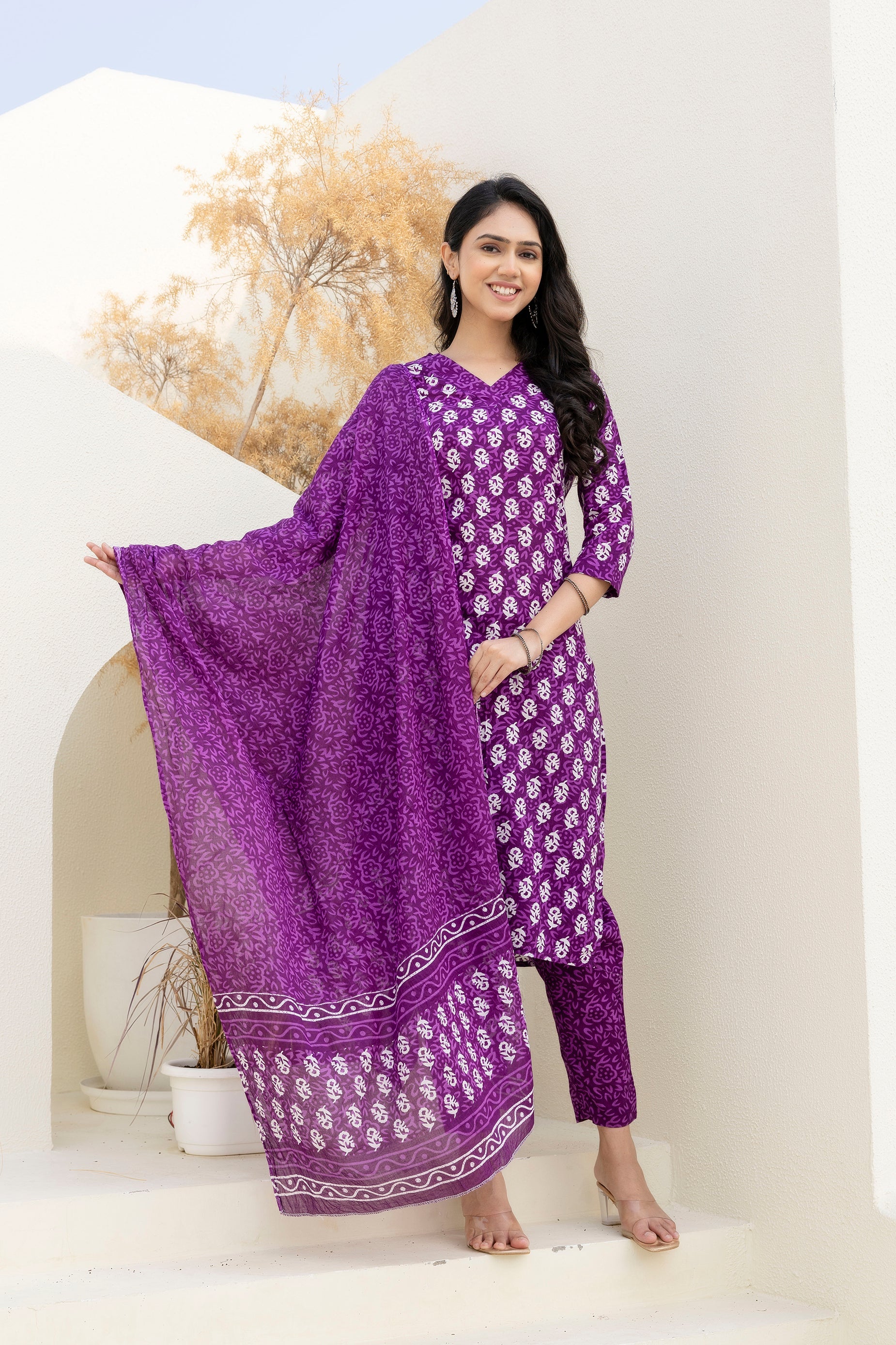 Royal Purple Cotton Printed Kurta Set with Dupatta