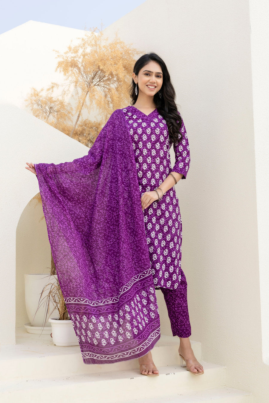 Royal Purple Cotton Printed Kurta Set with Dupatta — image 8