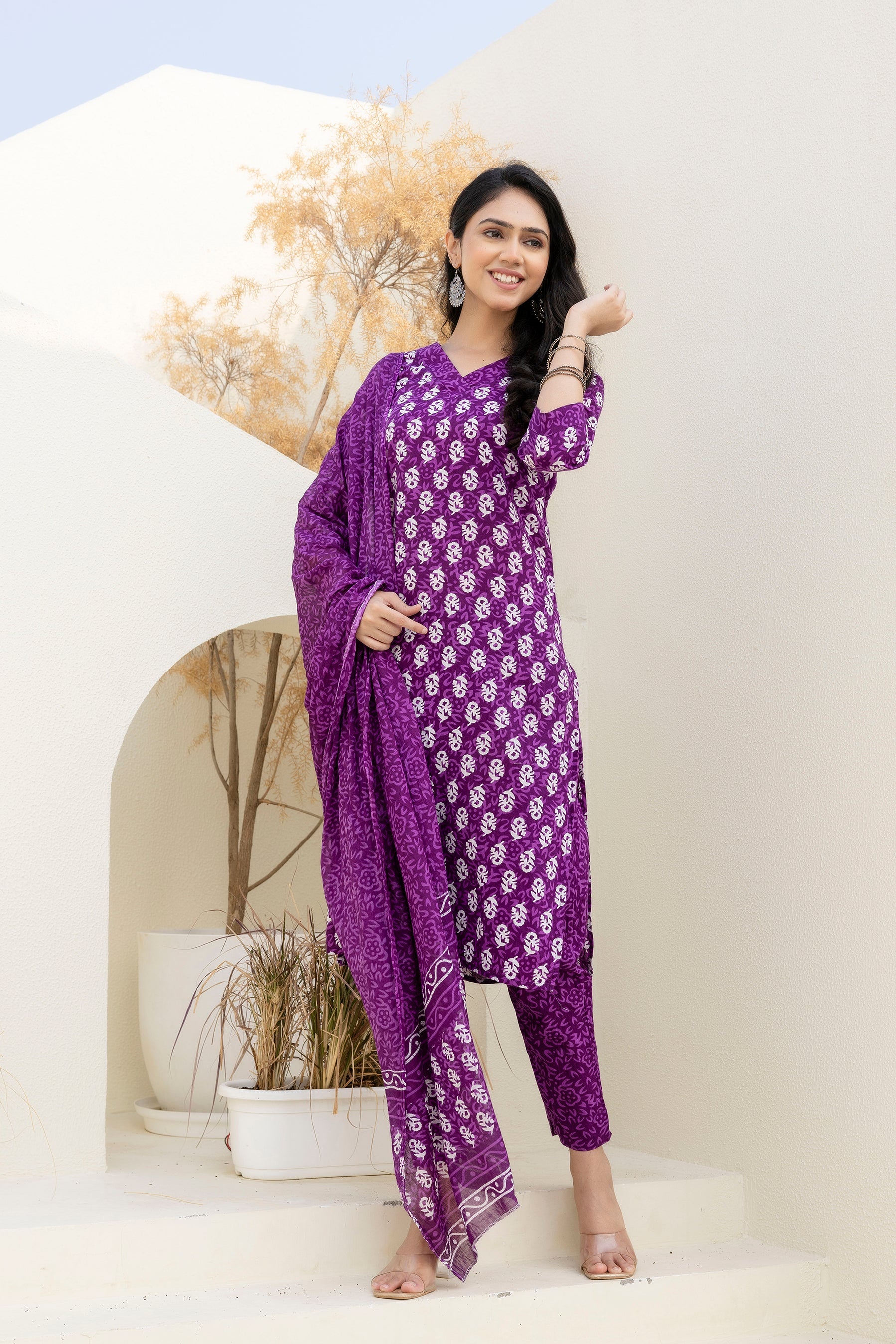 Royal Purple Cotton Printed Kurta Set with Dupatta