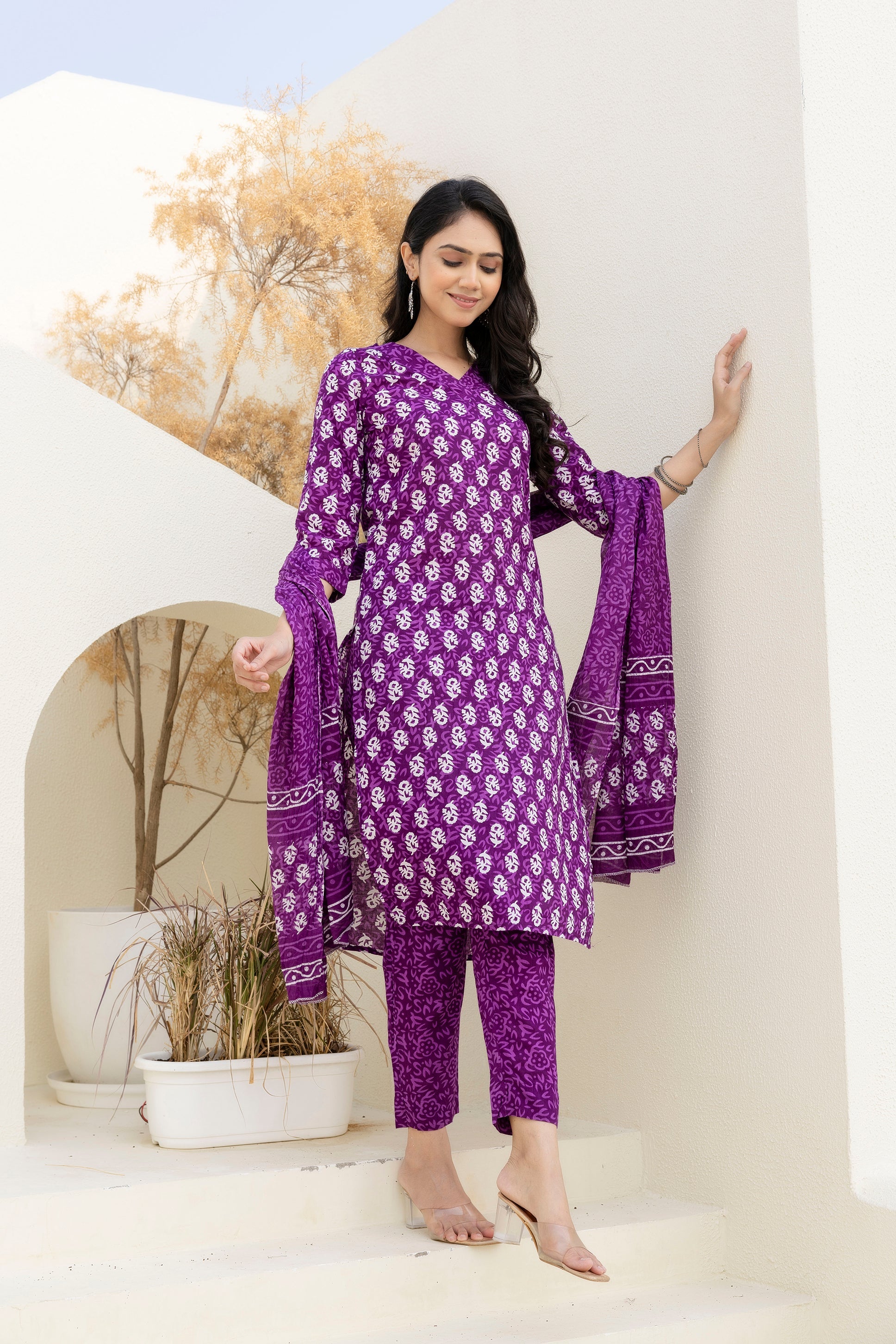 Royal Purple Cotton Printed Kurta Set with Dupatta