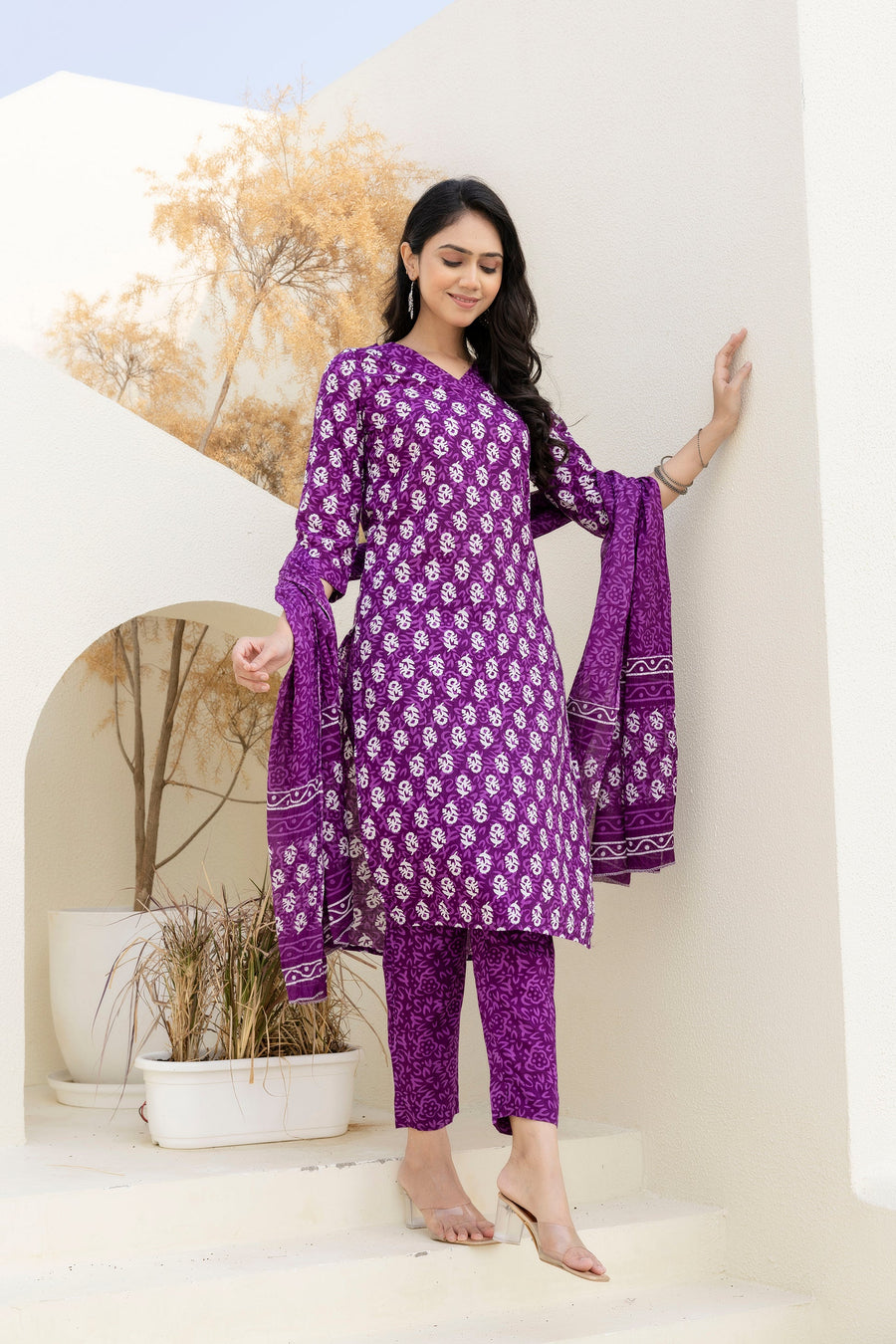 Royal Purple Cotton Printed Kurta Set with Dupatta — image 7