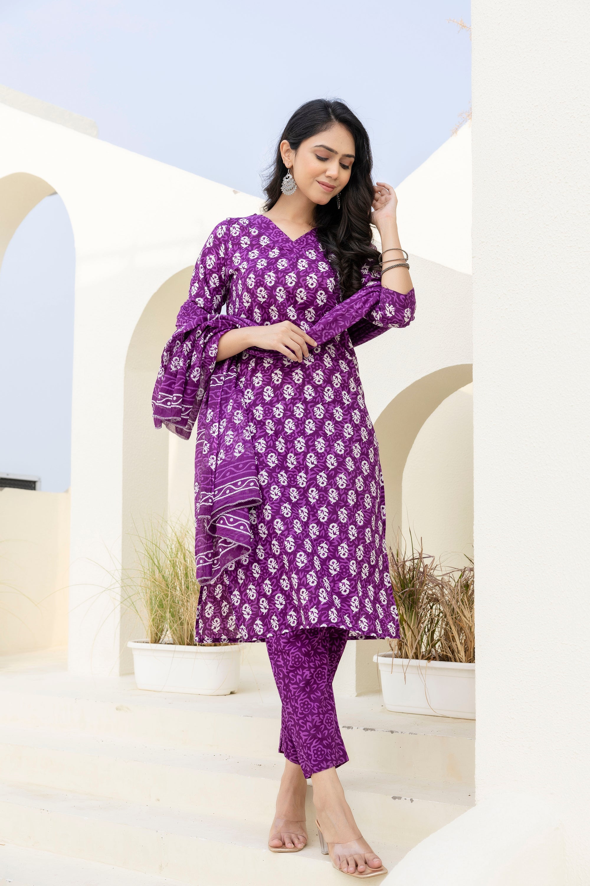 Royal Purple Cotton Printed Kurta Set with Dupatta