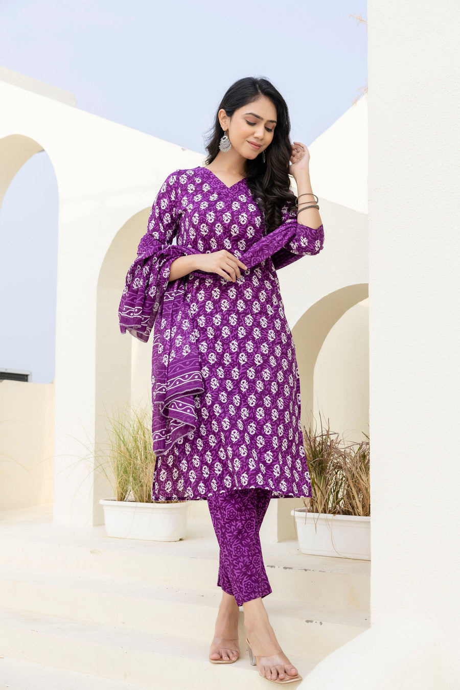 Royal Purple Cotton Printed Kurta Set with Dupatta — image 3